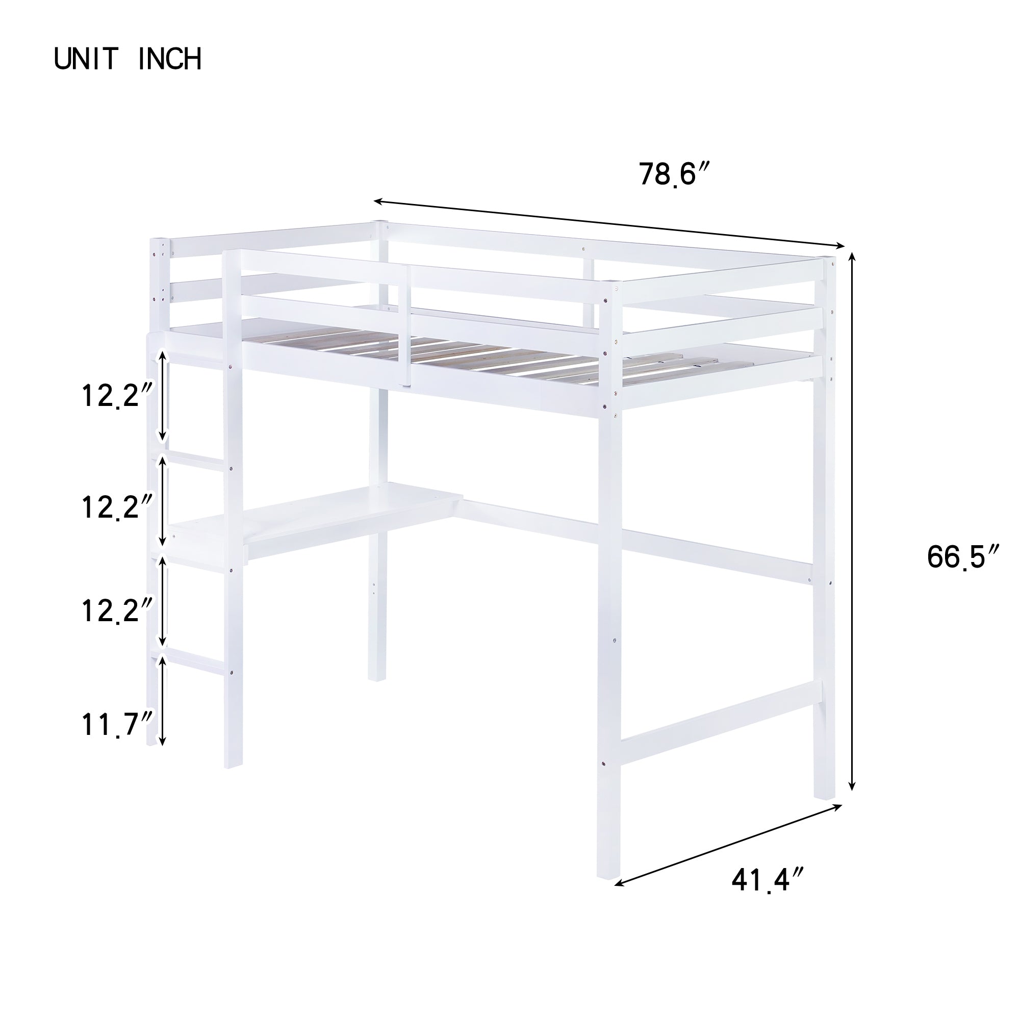 White Twin High Loft Bed For Kids with Built-in Desk in Rubber Wood Construction