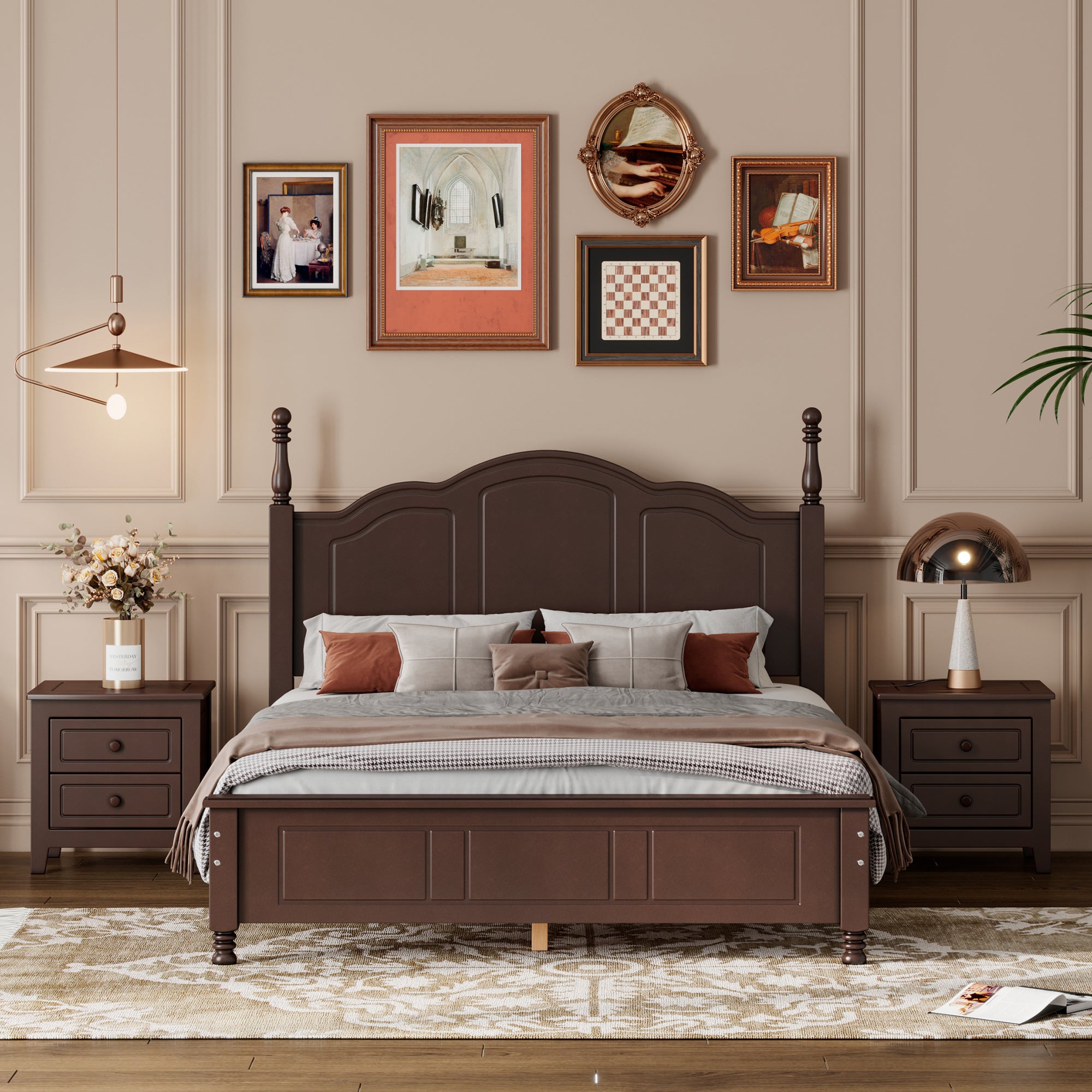 3-Pieces Bedroom Sets Full Size Wood Platform Bed with Two Nightstands In Dark Walnut