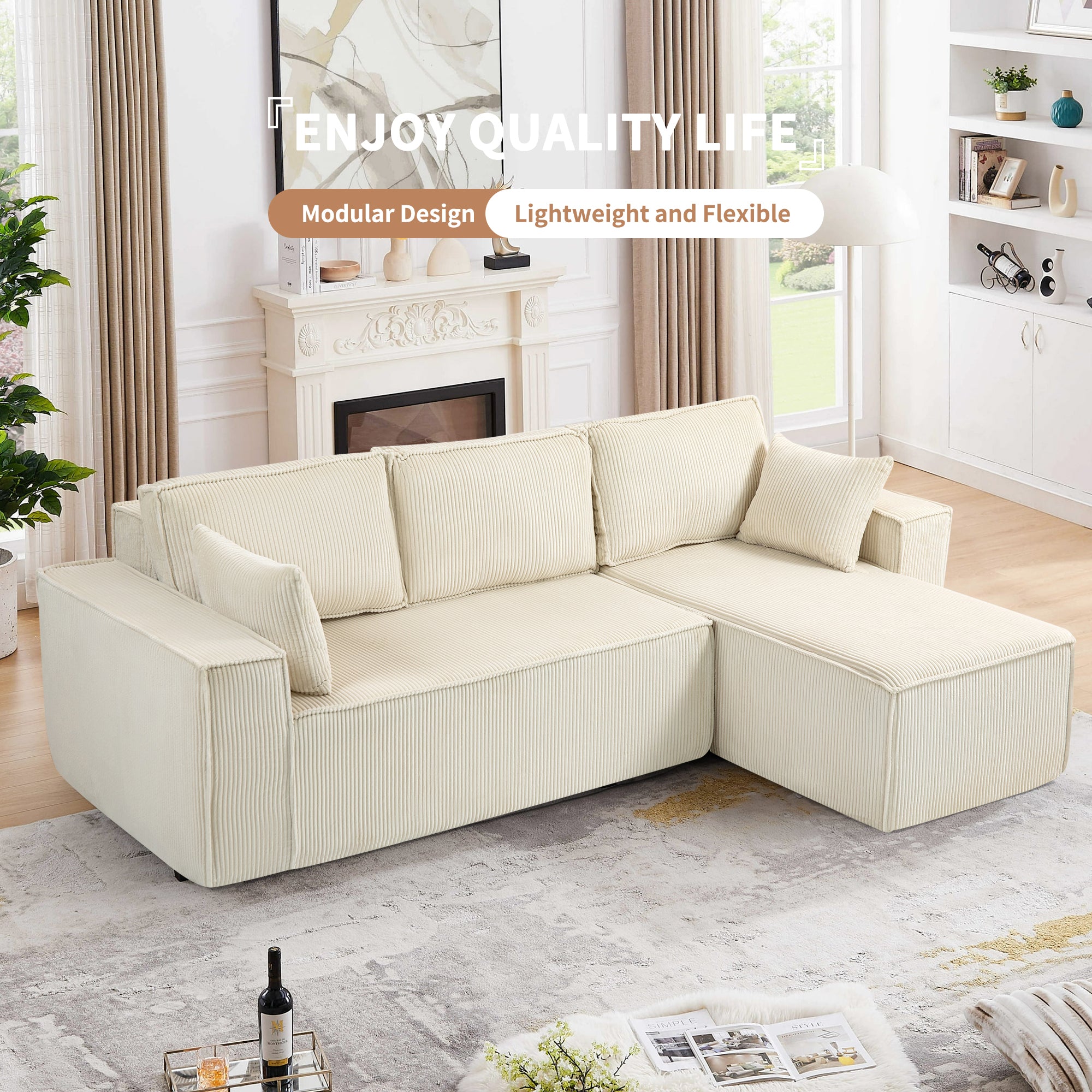 L-Shape Modular Sectional Sofa With Full-Foam Structure and Premium Corduroy Upholstery for Flexible Living Spaces In Beige