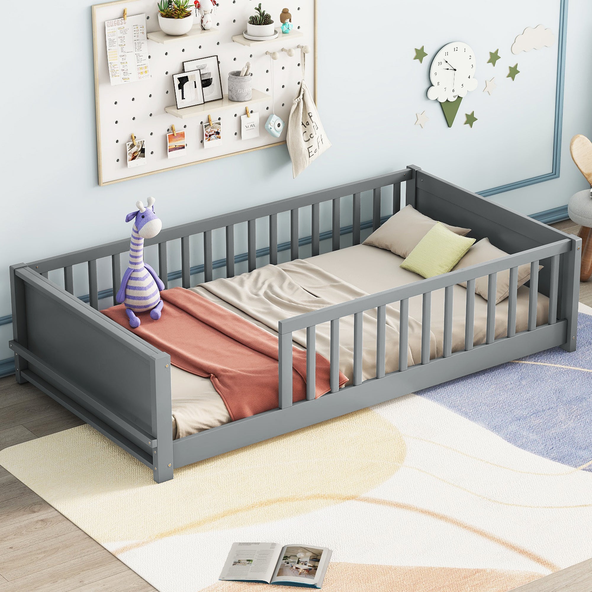 Gray Twin Toddler Floor Bed with Built-in Book Storage Rack