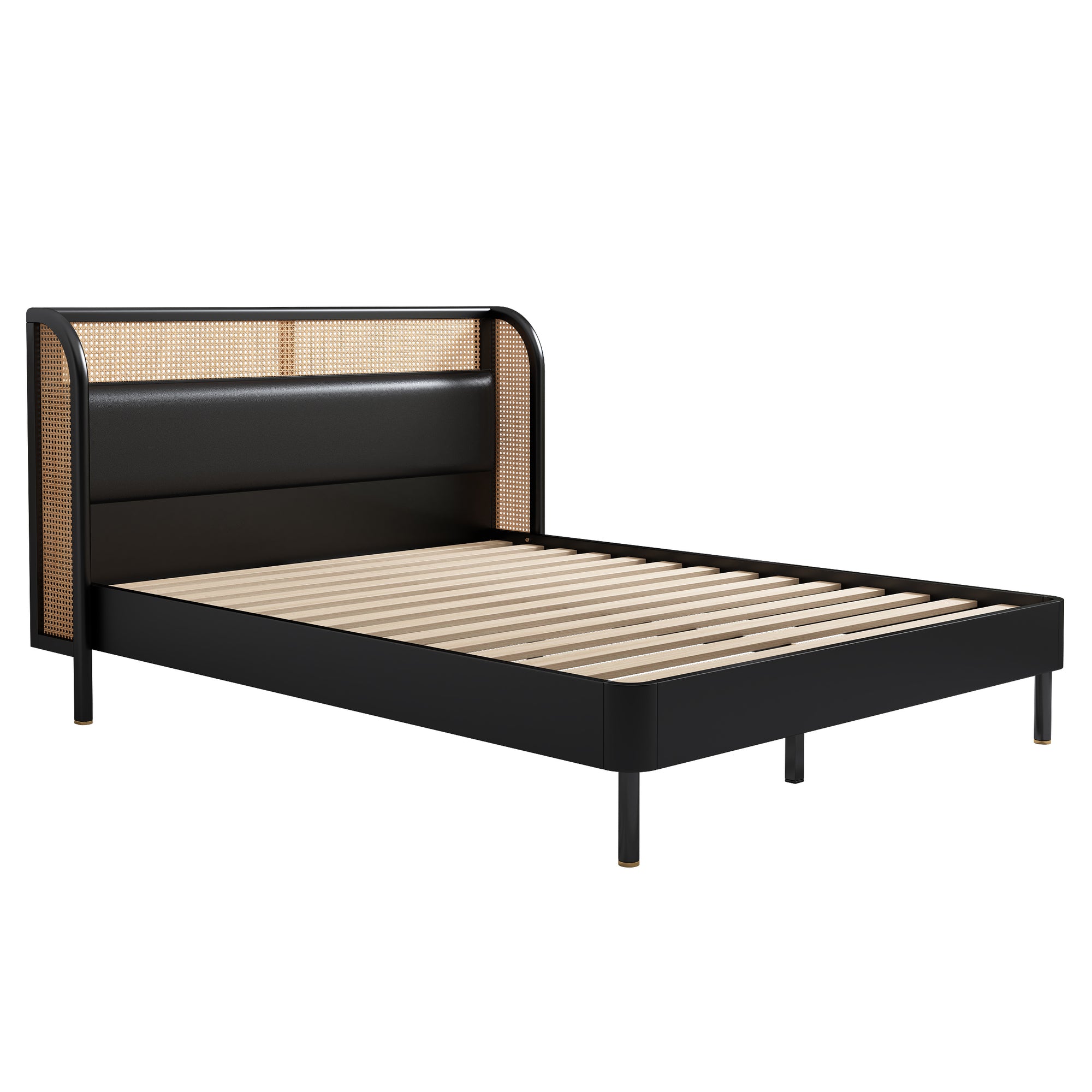 Queen Size Rattan and Faux Leather Upholstered Platform Bed in Black