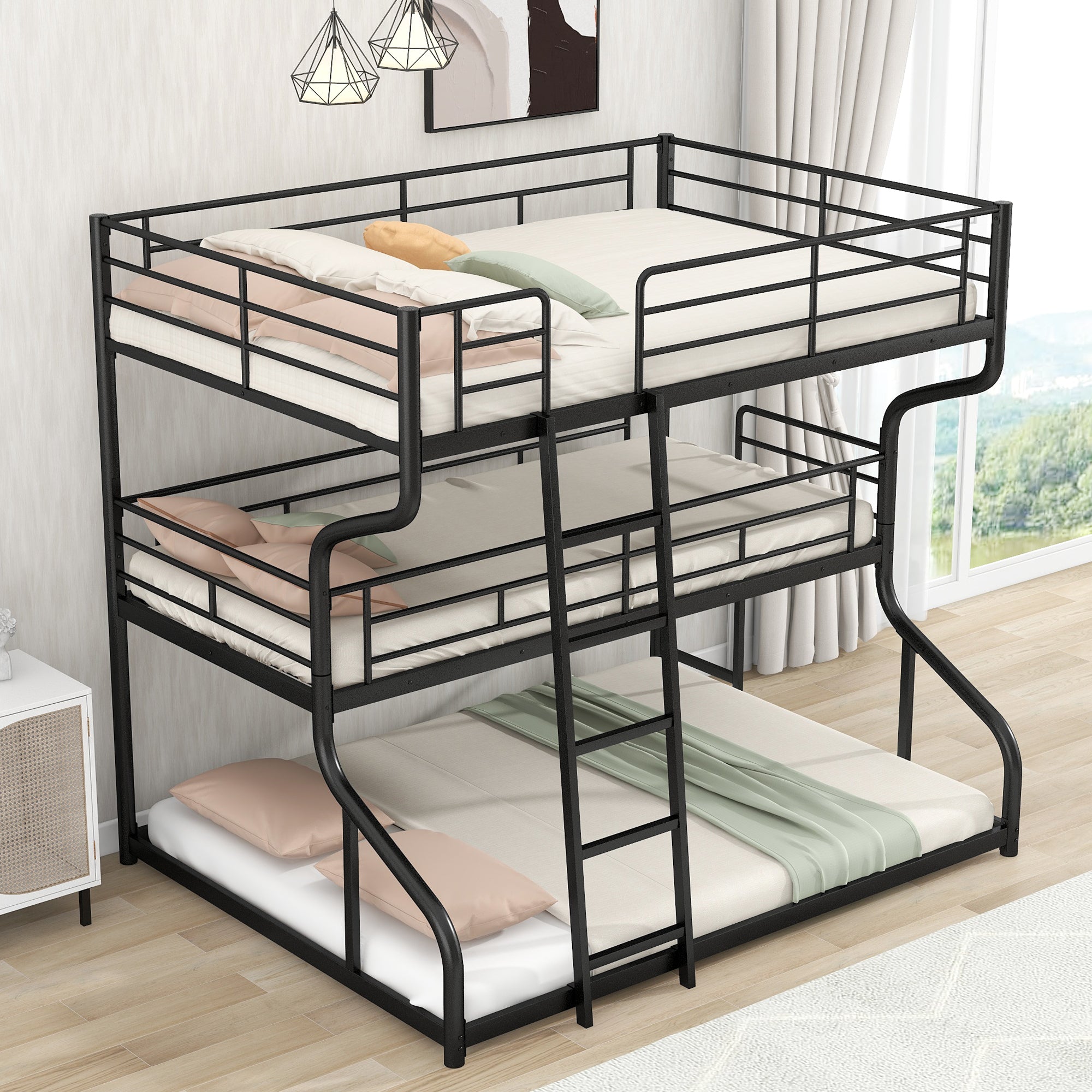 Full XL Over Twin XL Over Queen Size Triple Bunk Bed with Long and Short Ladder In Black