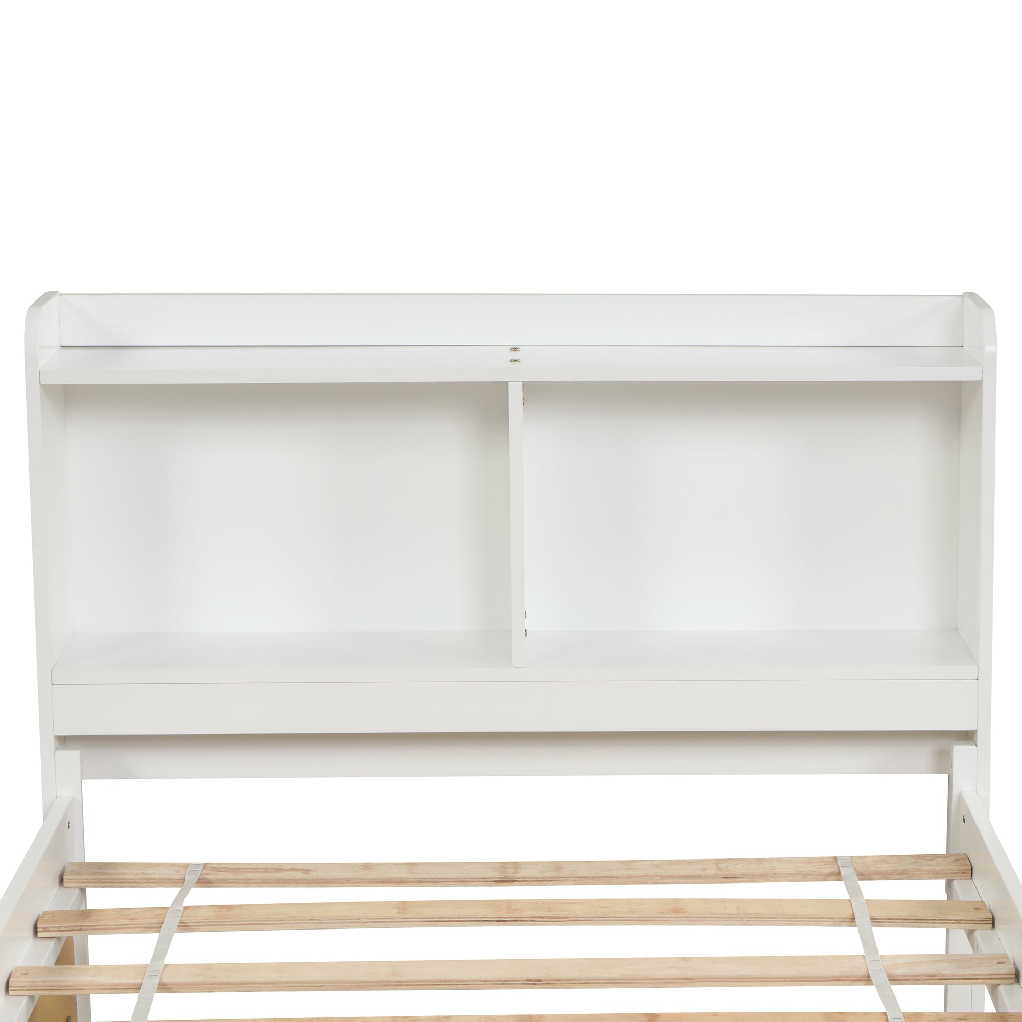 White Twin Bed with Trundle and Storage Headboard