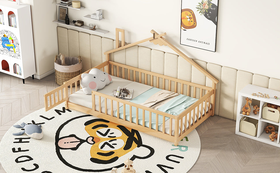 Twin House-Shaped Bedside Floor Bed with Guardrails and Door in Natural Finish