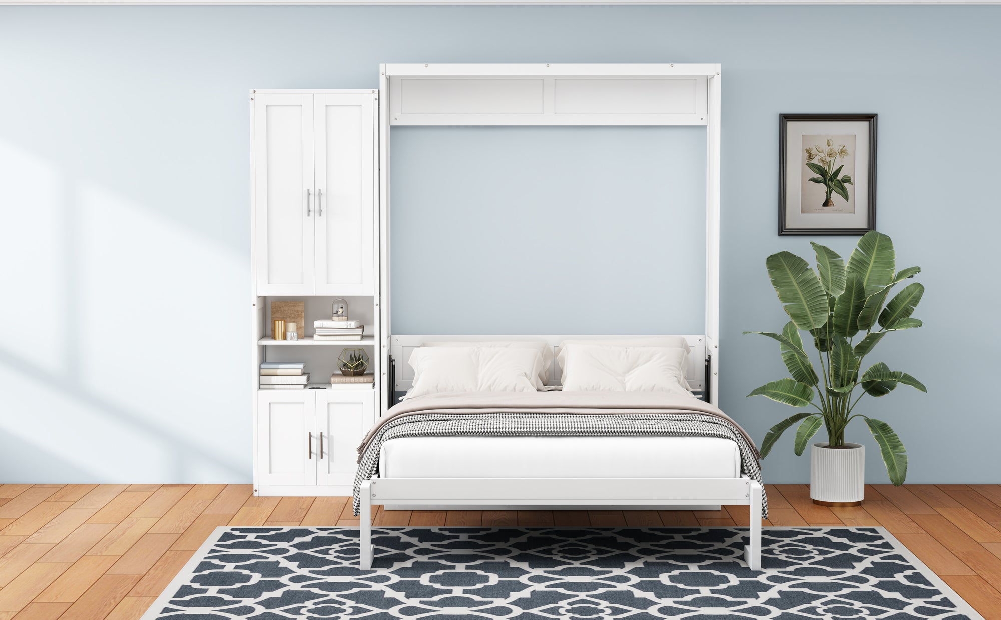 Queen Folding Murphy Bed with Two Side Cabinets in White