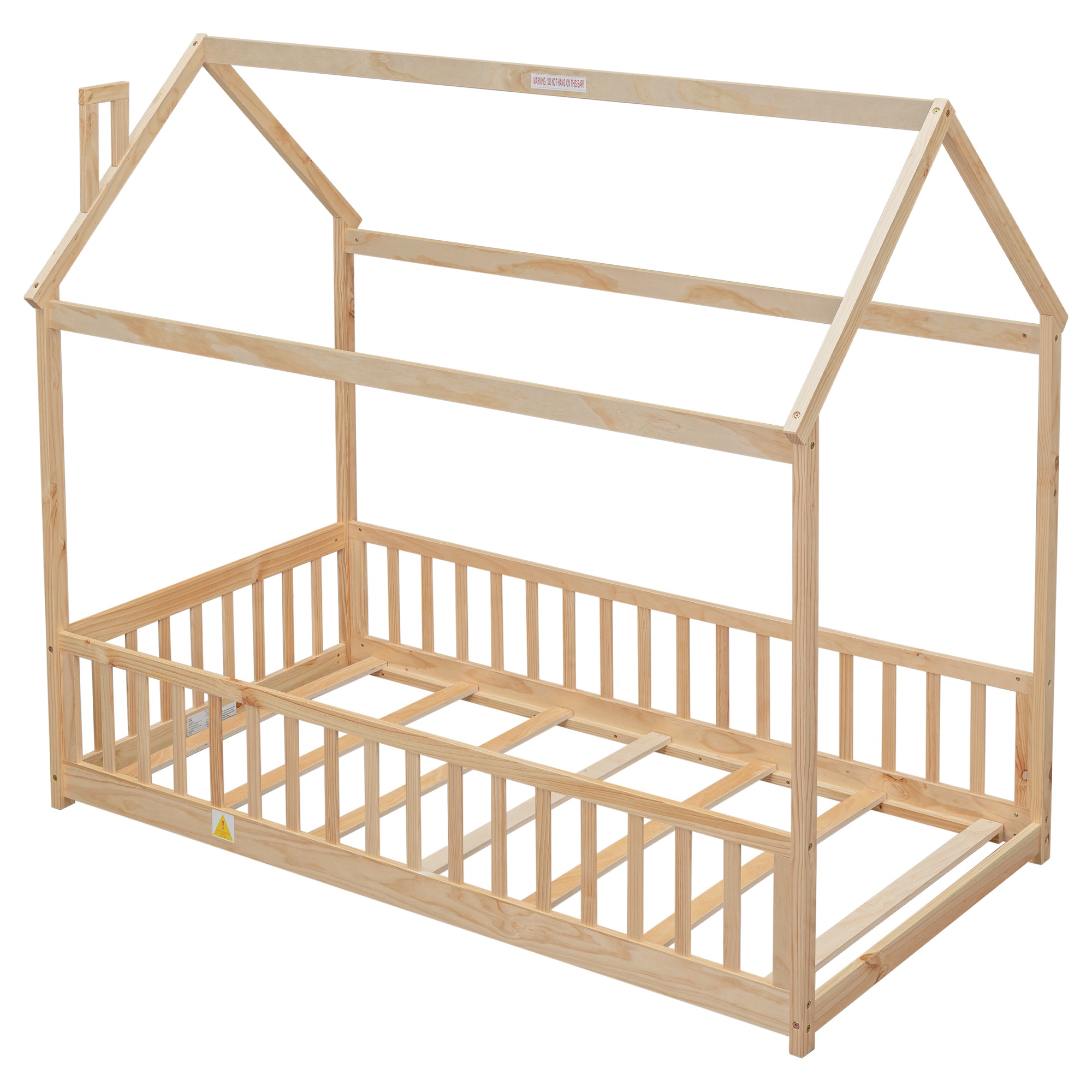 Natural Pine Frame Twin House Bed with Guardrails