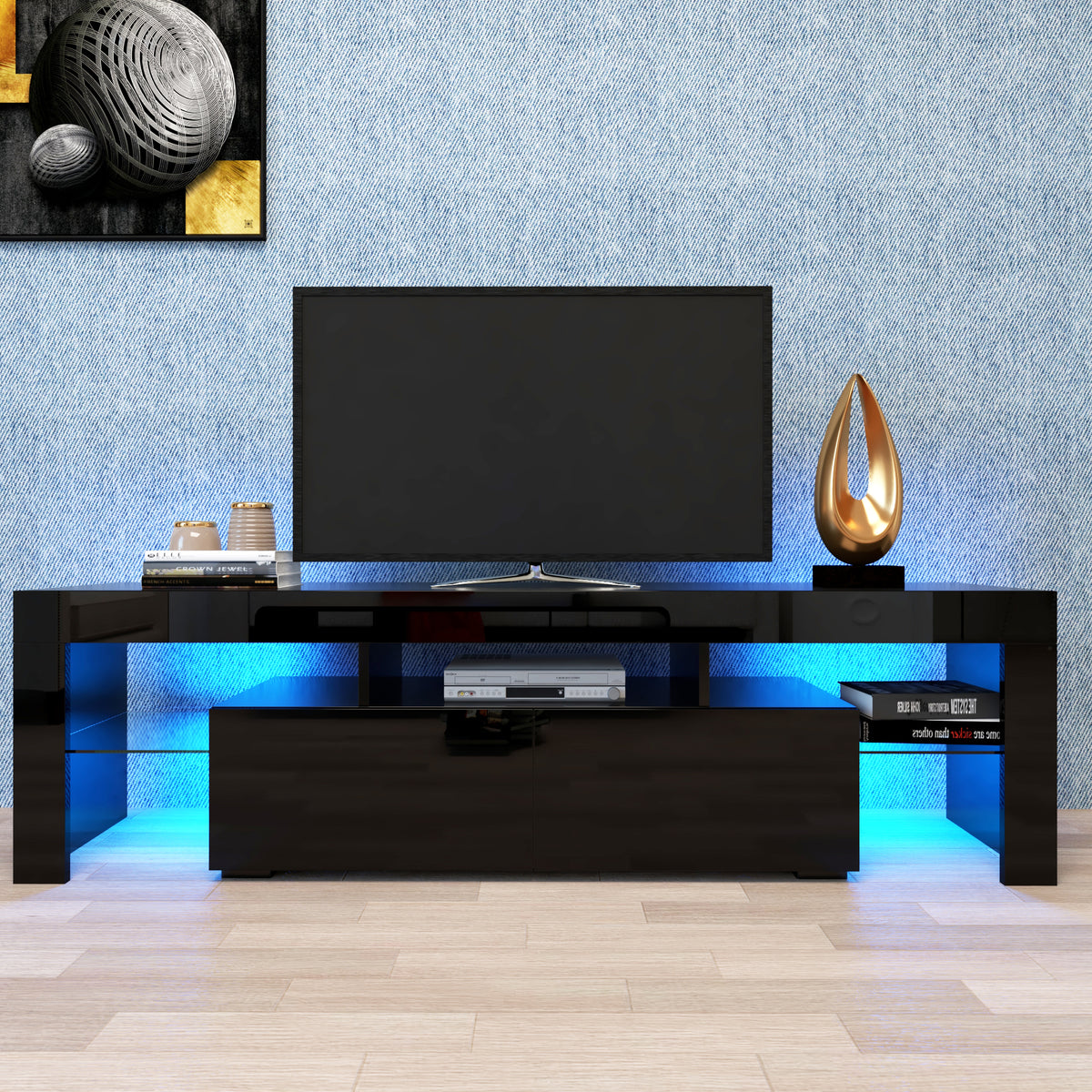 Modern Black TV Stand With 20 Colors LED Lights Remote Control In Black