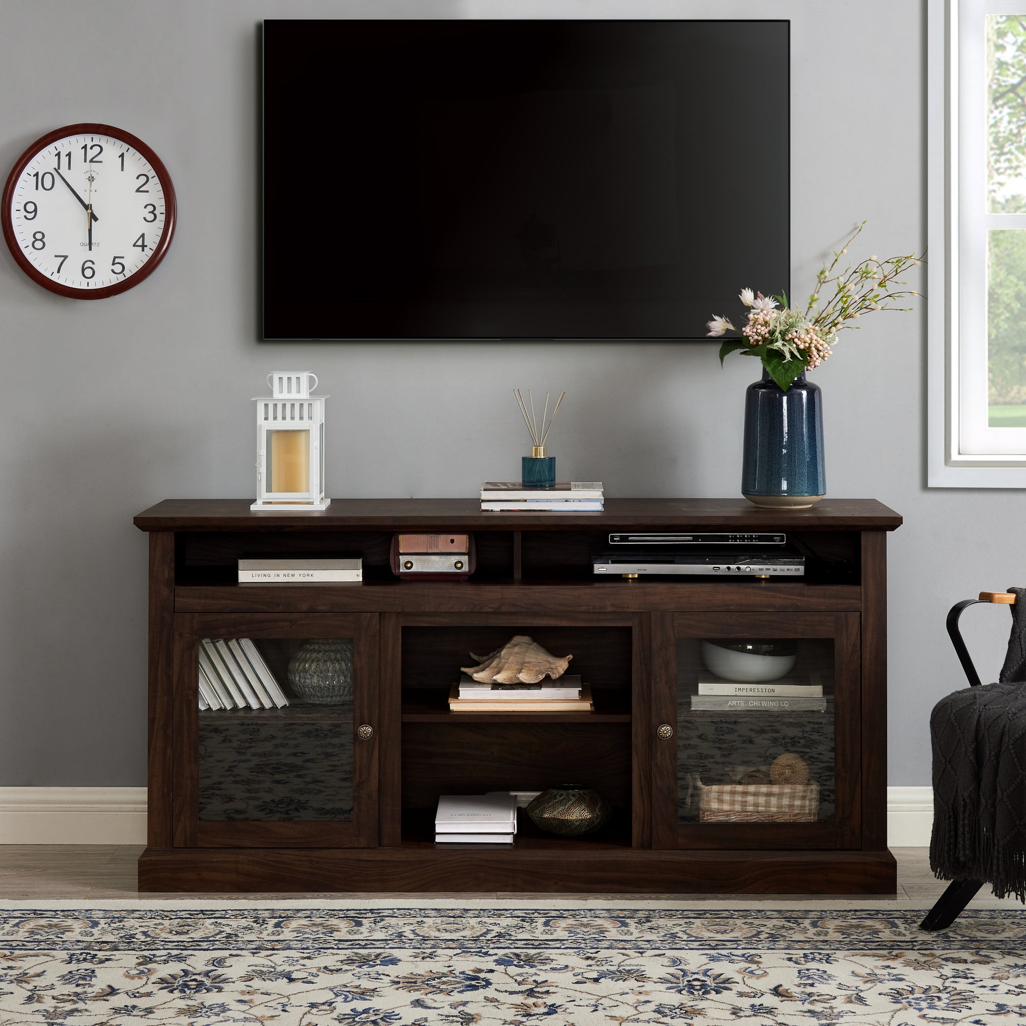 Contemporary TV Media Stand Modern Console For TV Up To 65 In Open Closed Storage Space In Brown