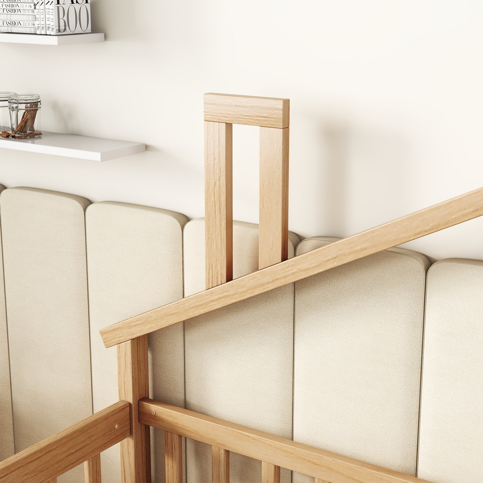 Twin House-Shaped Bedside Floor Bed with Guardrails and Door in Natural Finish