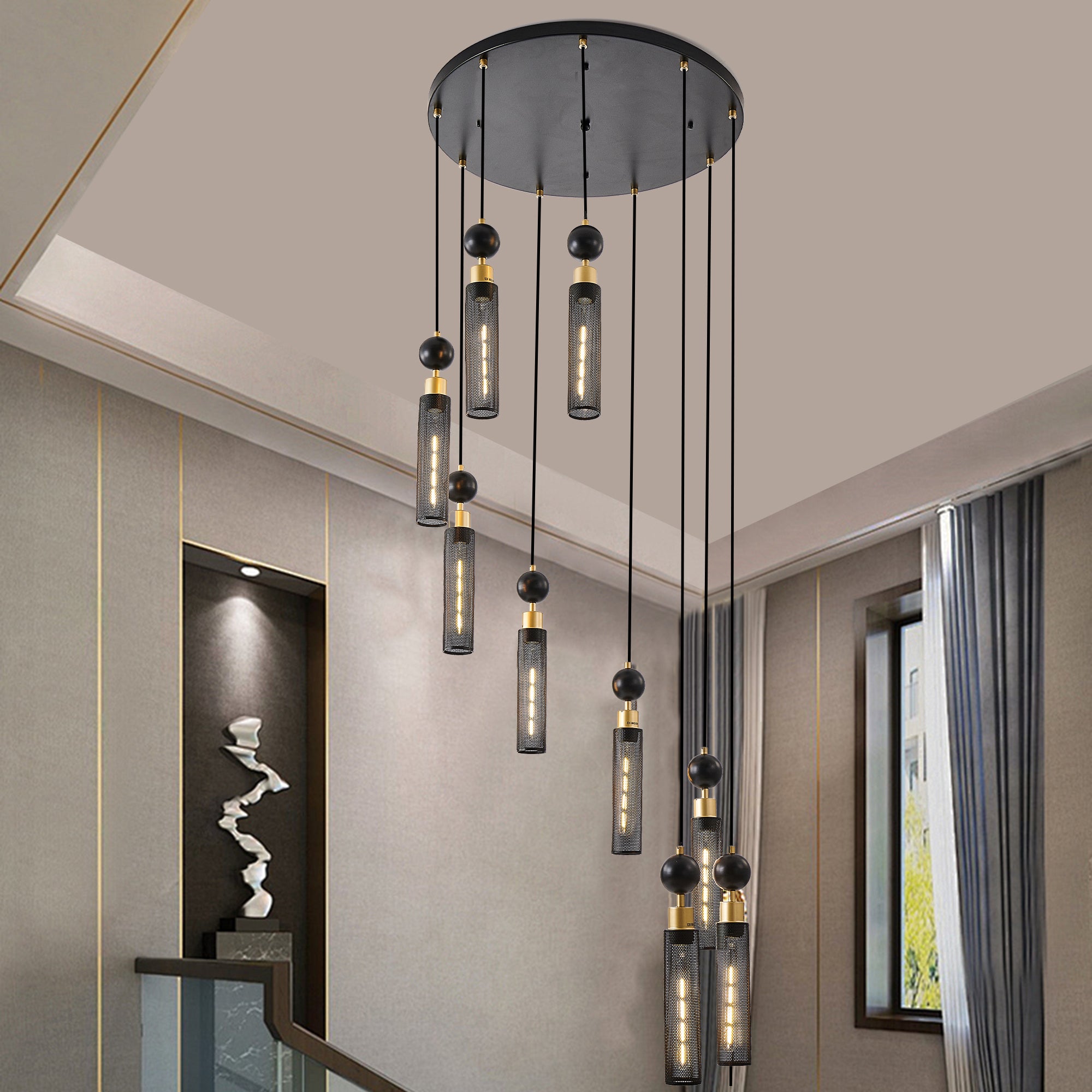 Modern Industrial 9-Light Pendant Chandelier in Black and Gold