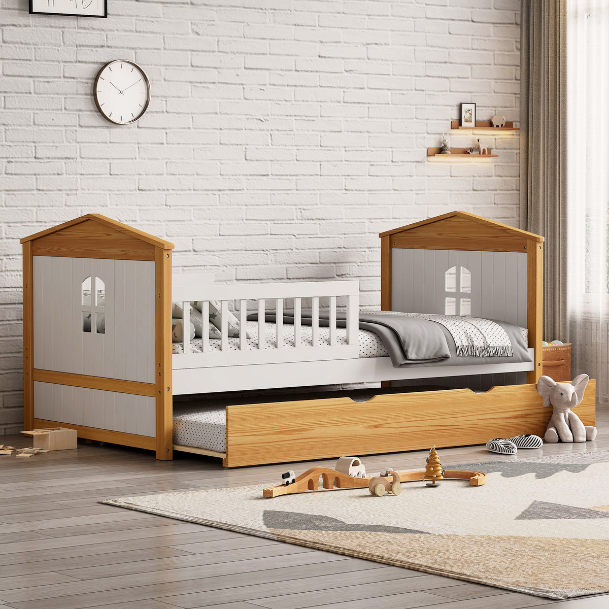 Twin House Bed with Trundle and Fence Guardrails