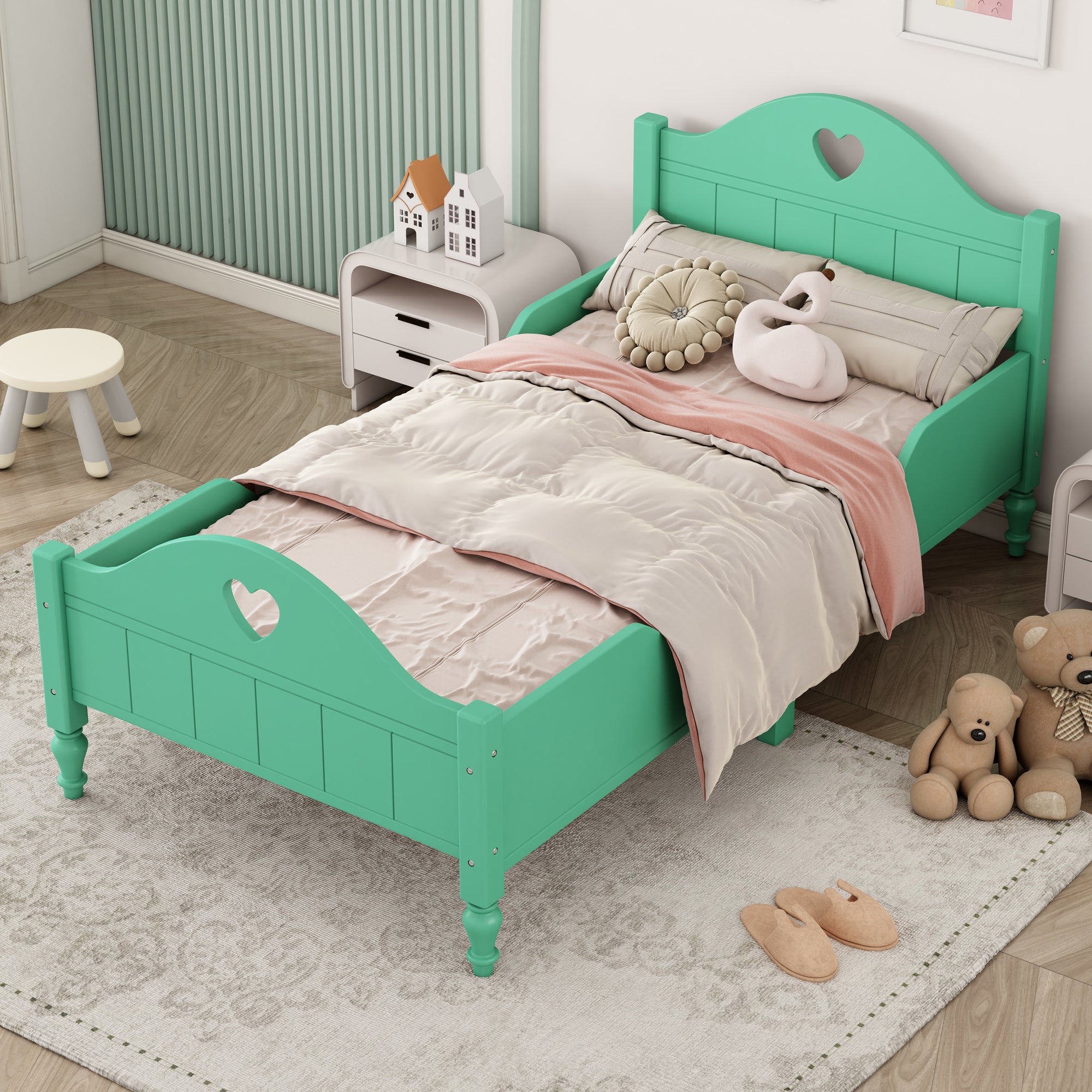 Seasoft Green Twin Macaron Toddler Bed Frame with Safety Rails