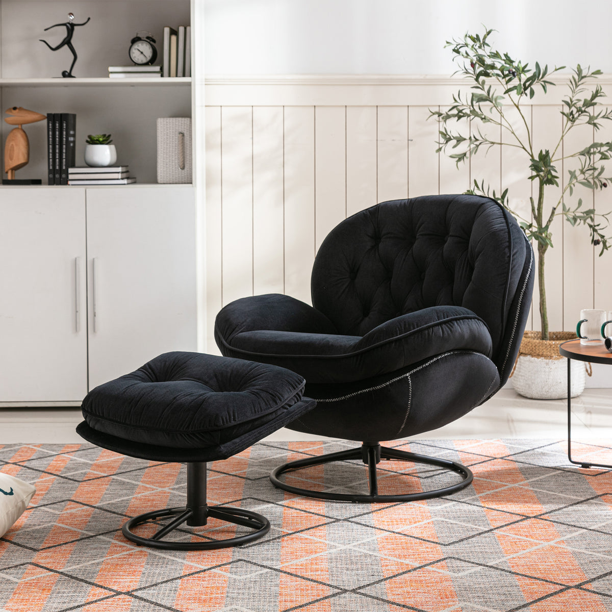 Black Upholstered Velvet Chair and Ottoman Set