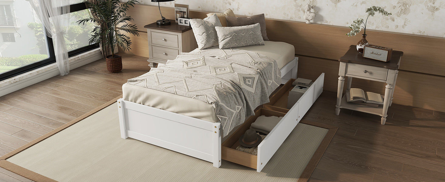 White Twin Bed with 2 Drawers, Solid Wood and No Box Spring Needed