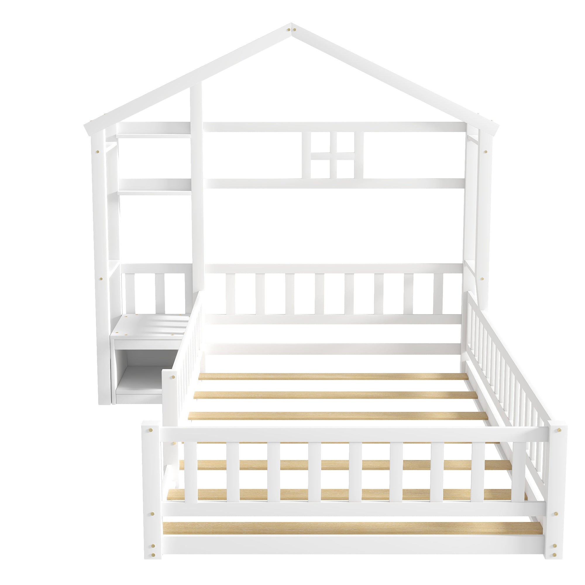 Twin Size House-Style Headboard Toddler Floor Bed with Guardrails and Stand