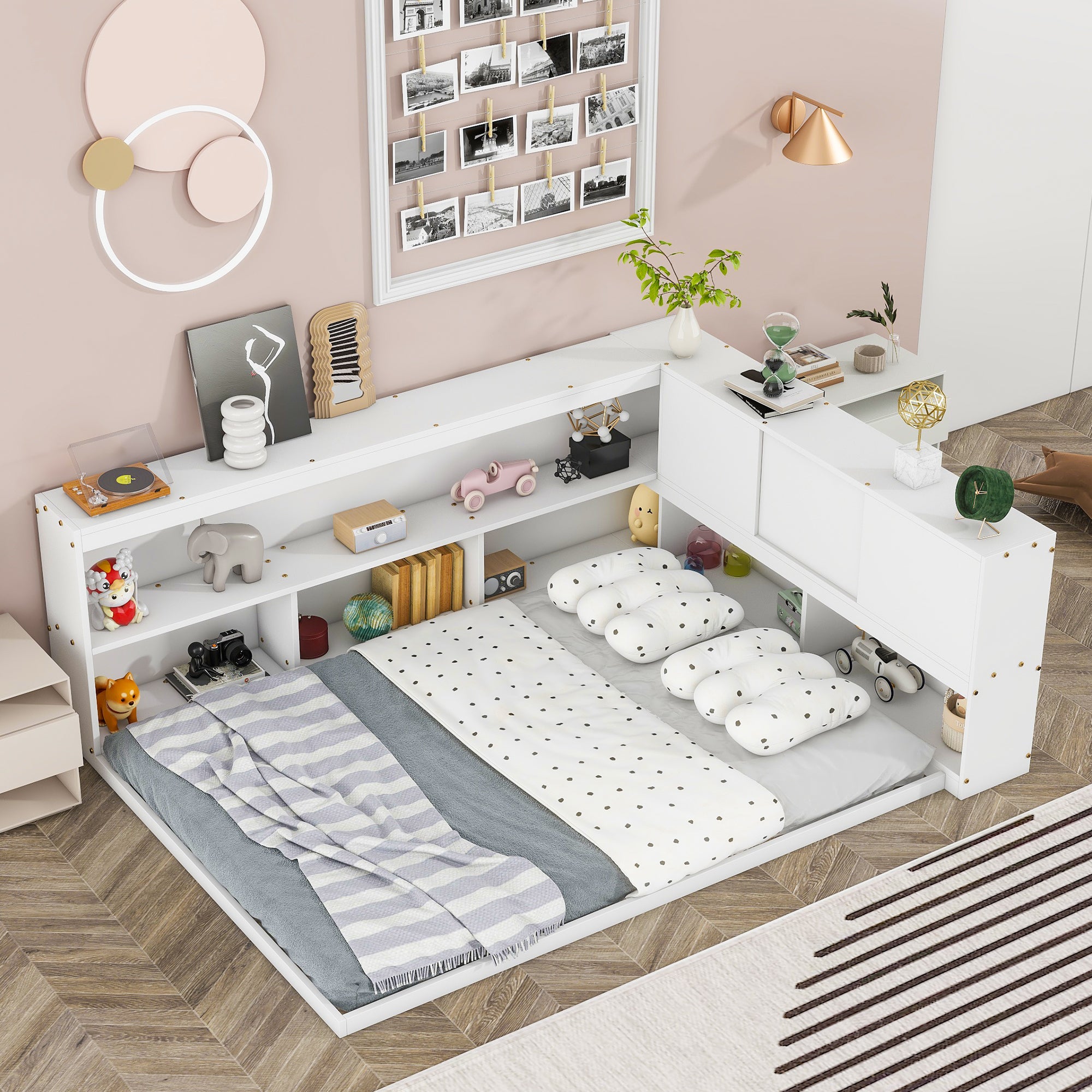 White Full Floor Bed with L-Shaped Bookcases and Sliding Door Storage