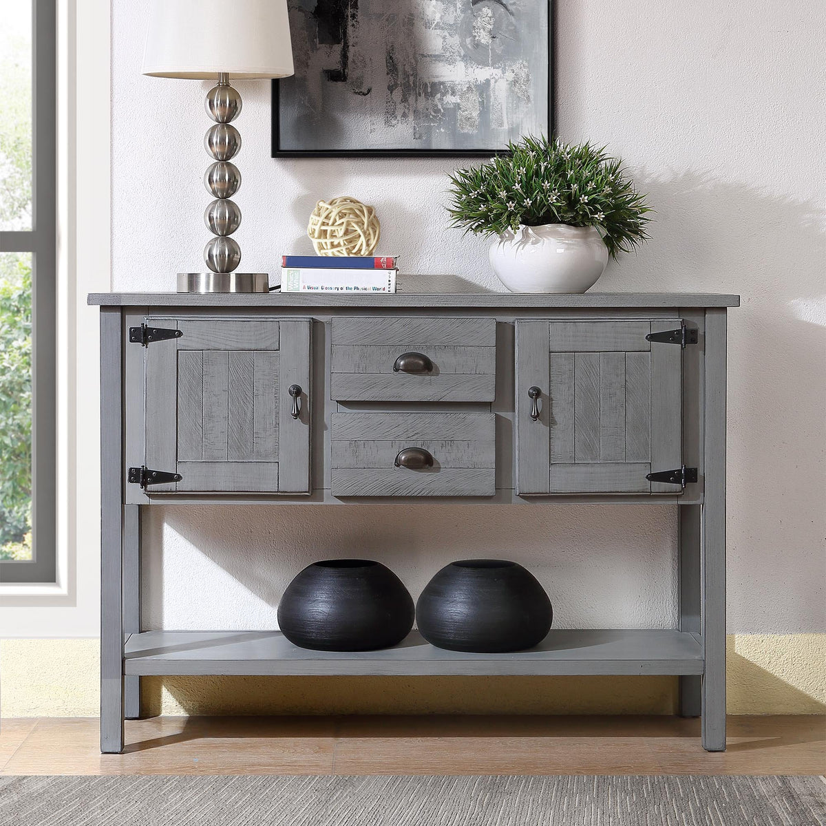 48 Inch Solid Wood Sideboard Console Table With 2 Drawers And Cabinets Retro Style Storage Buffet Server For Living Room Kitchen In Antique Gray