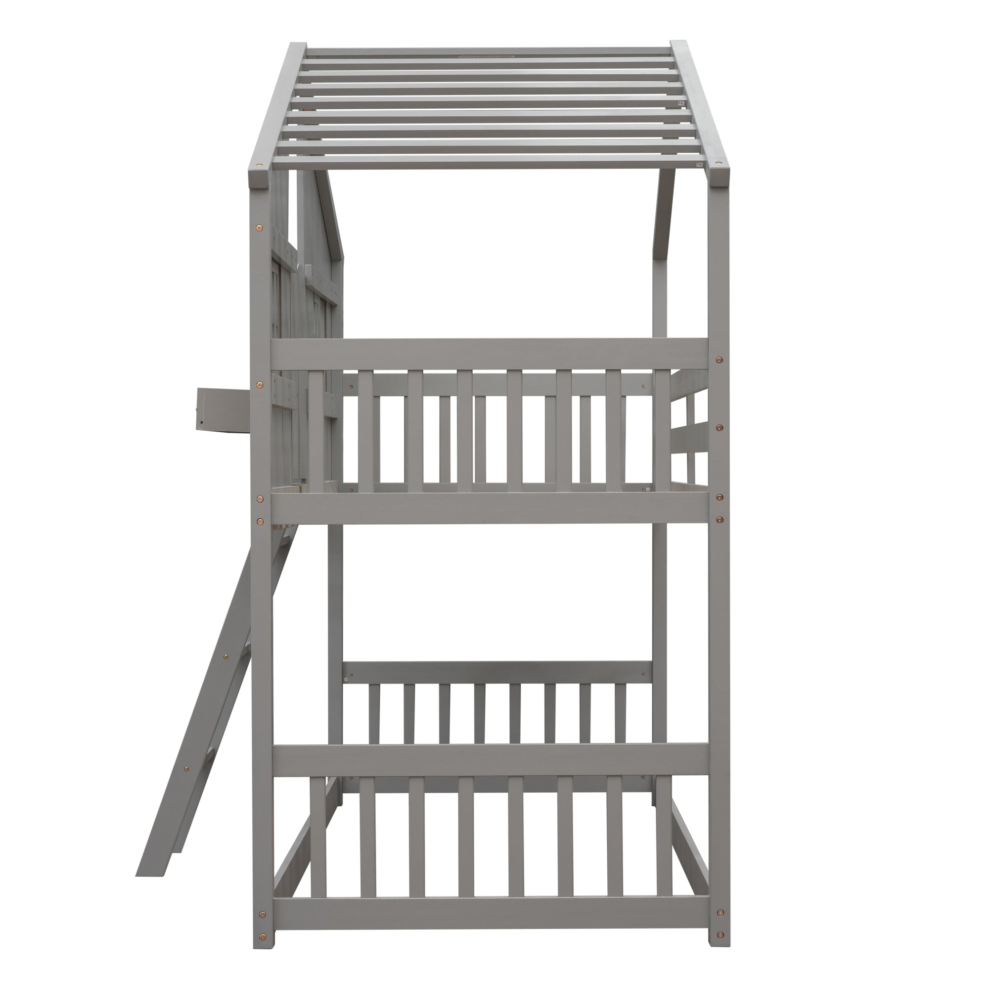 Gray Twin Over Twin House Bunk Bed with Roof, Windows, and Door