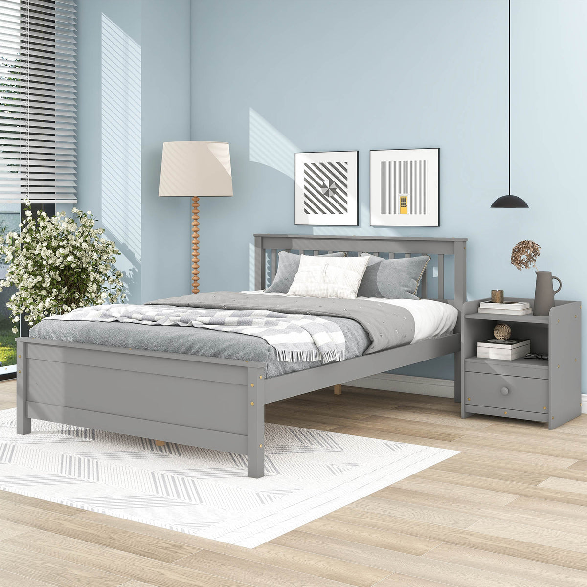 Gray Full Bed with Headboard, Footboard, and Matching Nightstand