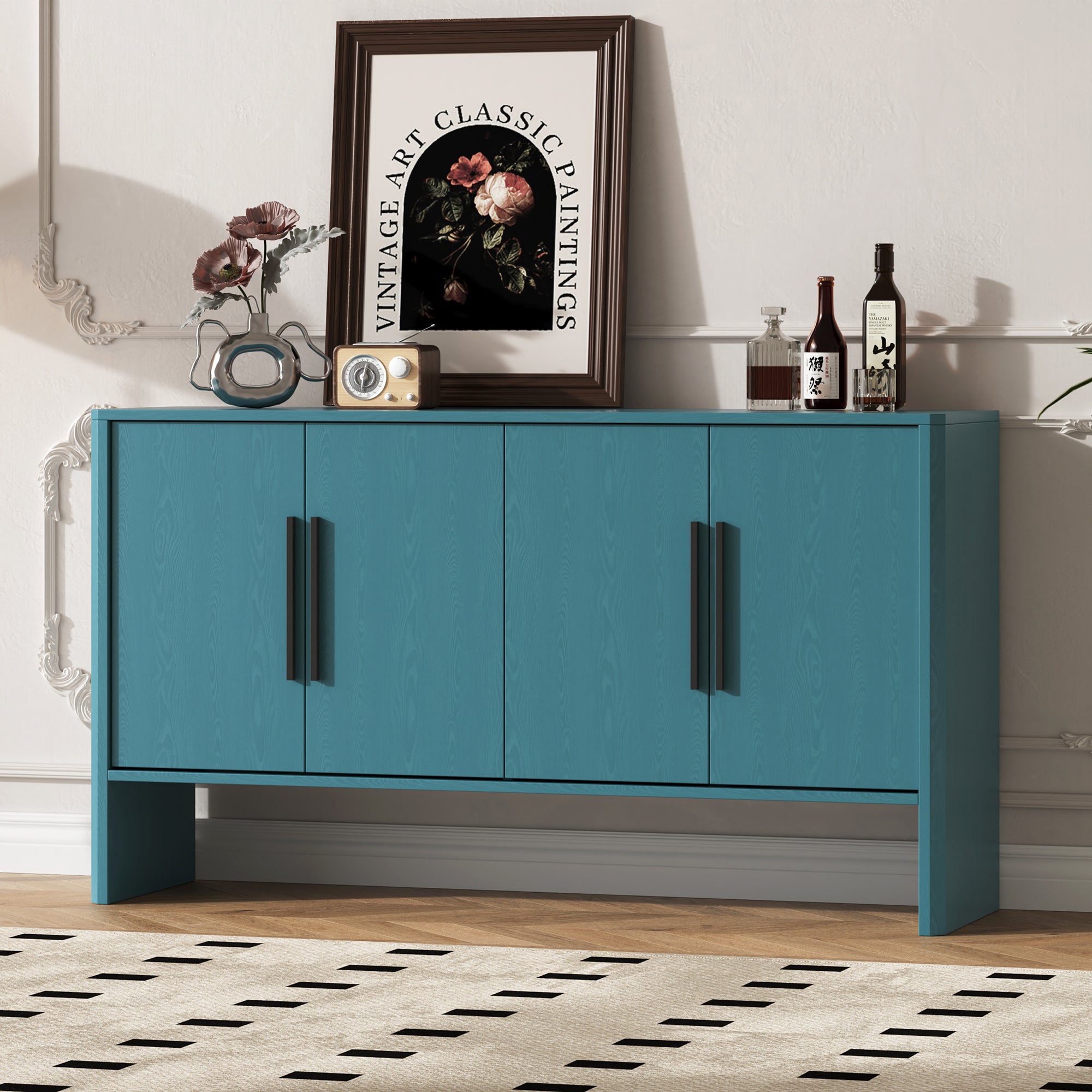 Retro Wood Sideboard Buffet Cabinet with Storage and Adjustable Shelves In Antique Blue