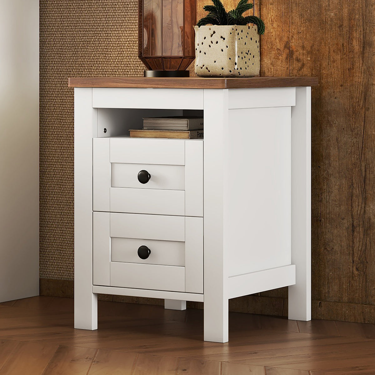 18&quot; Farmhouse White Nightstand with Walnut Accents