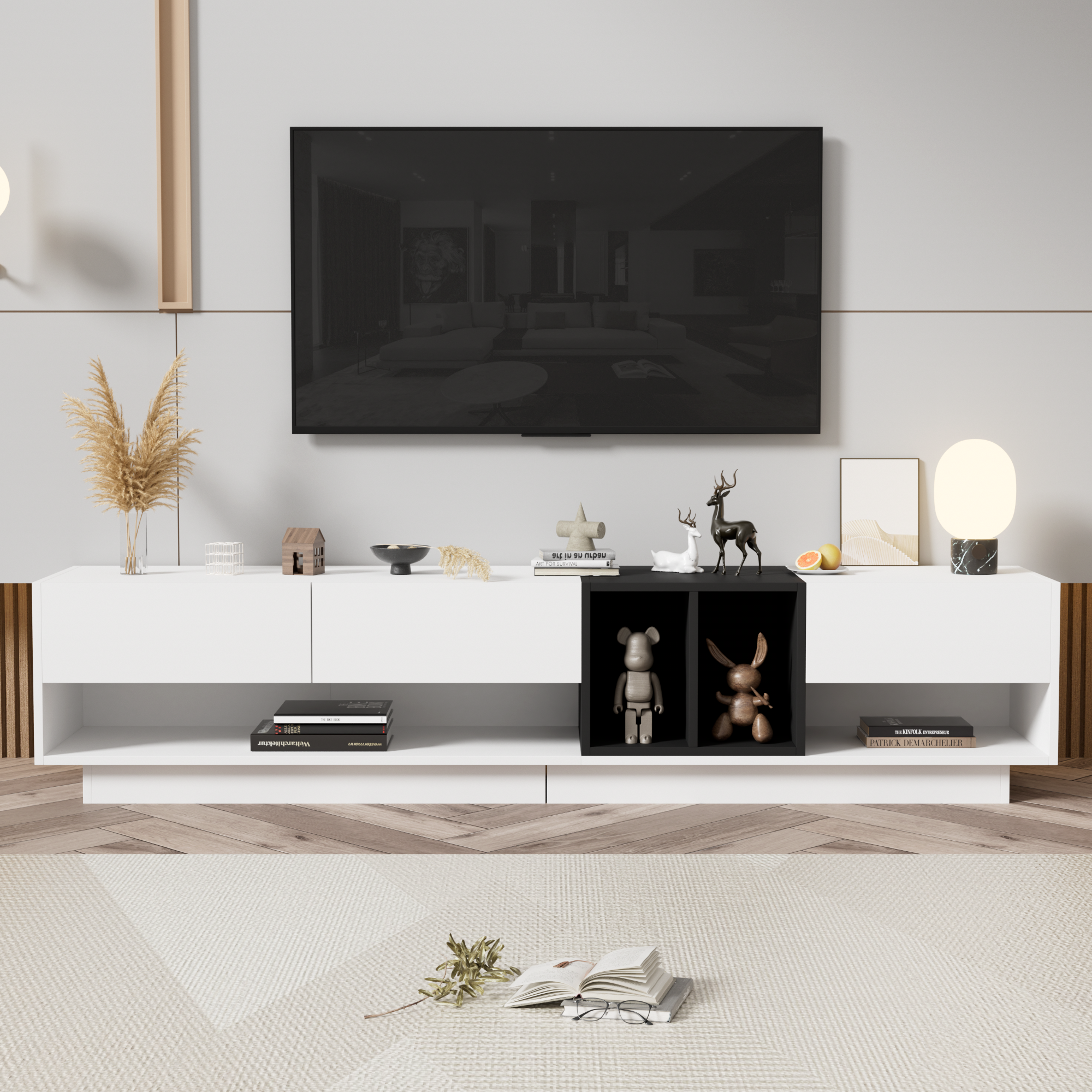 Sleek and Stylish TV Stand with Perfect Storage Solution Two-Tone Media Console for TVs Up to 80 Inches In White