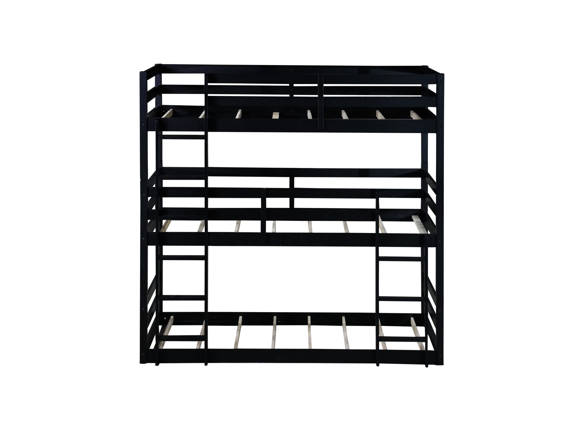 Black Triple Rubber Wood Bunk Bed with Built-In Ladders and Guardrails