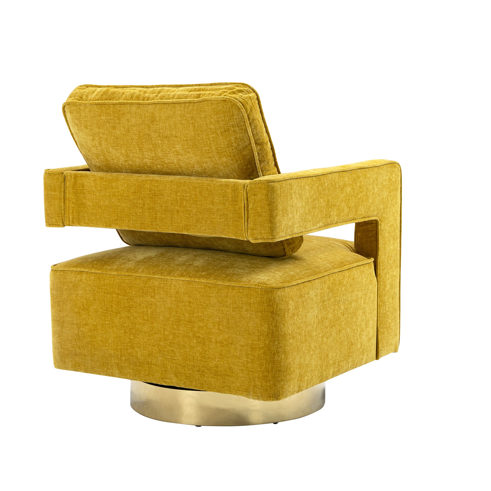 Open Back Mustard Chenille Swivel Accent Chair With Gold Stainless Steel Base