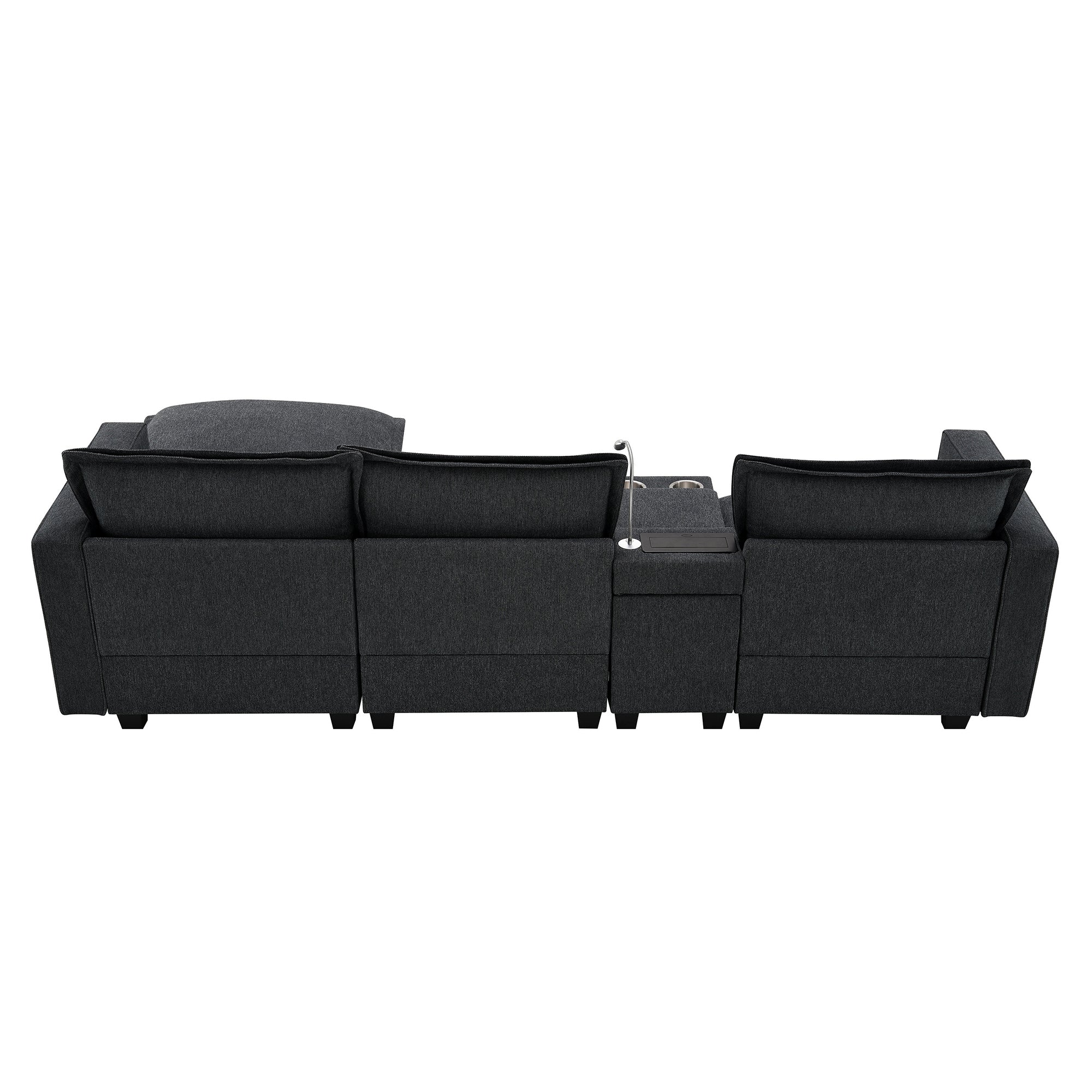 4-Seater Modular Chenille Sofa with Reading Lights & Storage in Dark Gray