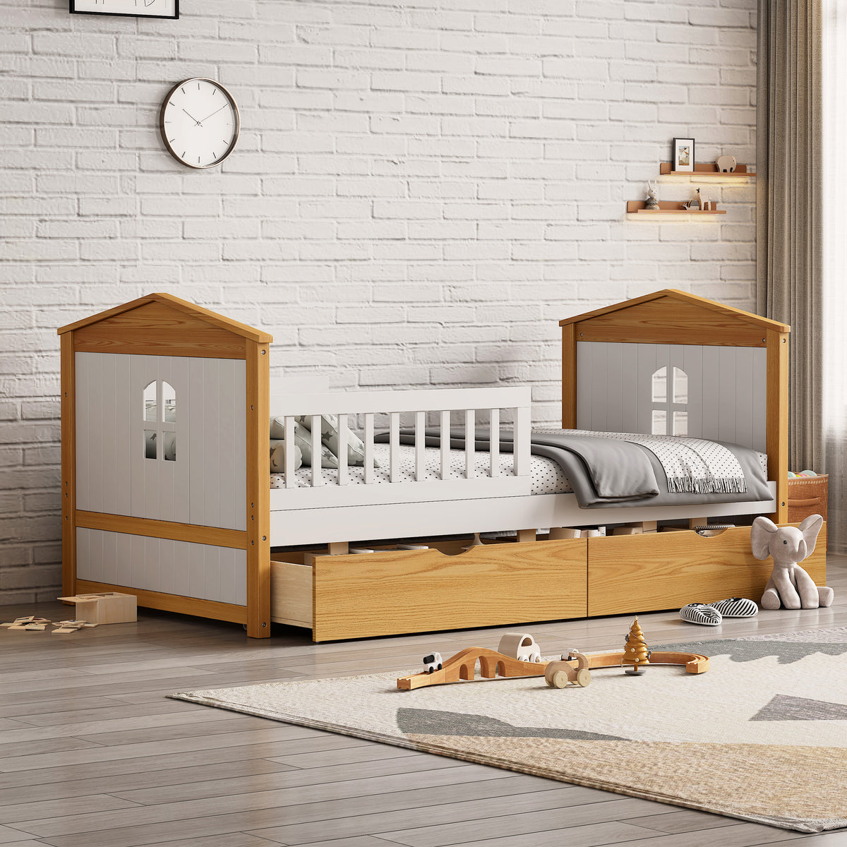 Twin Safety Bed For Toddlers with Fence Guardrails &amp; Storage Drawers