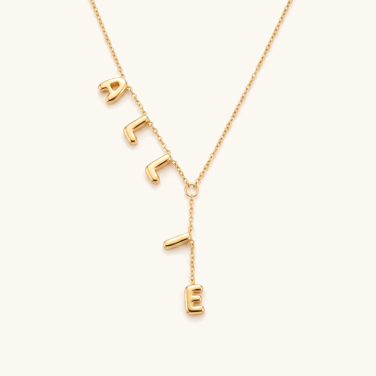 Dainty Bubble Lariat Name Necklace – gold puffy bubble letters on a fine lariat chain