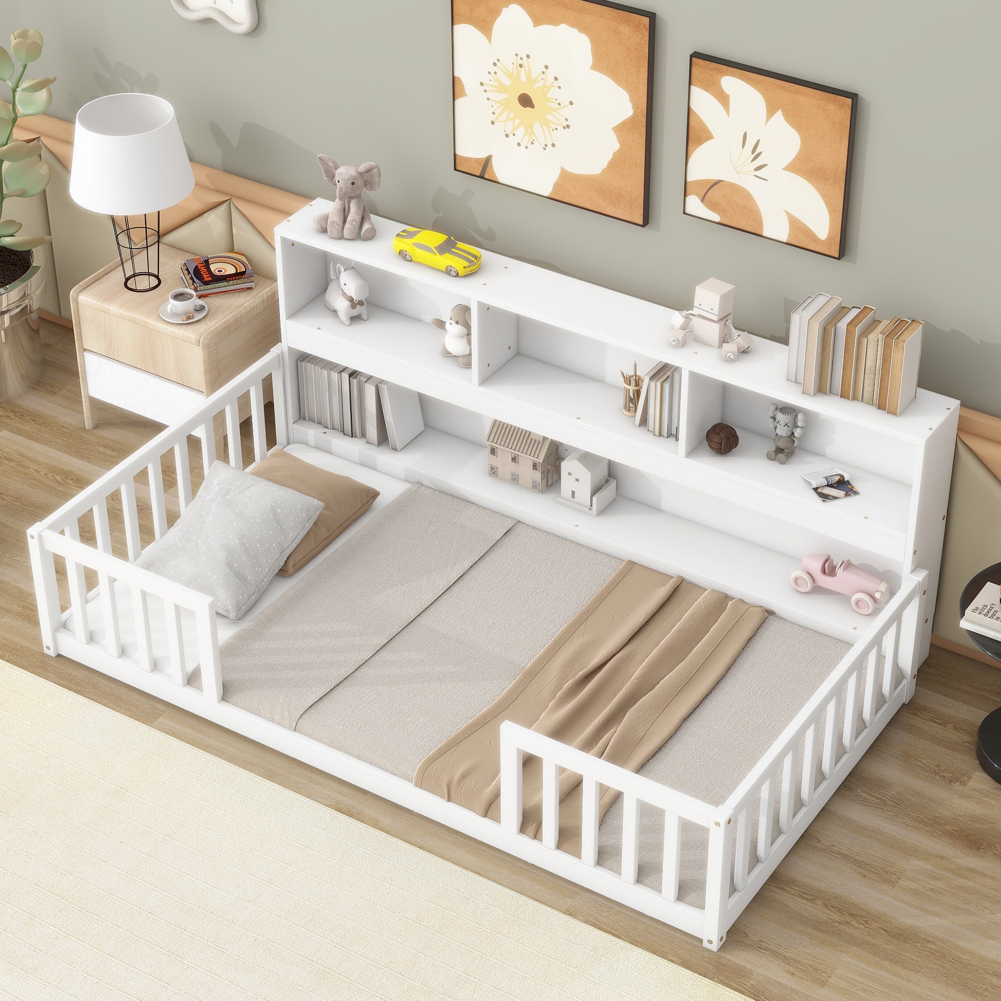 Twin Toddler Floor Bed with Bedside Bookcase, Shelves, and Guardrails in White