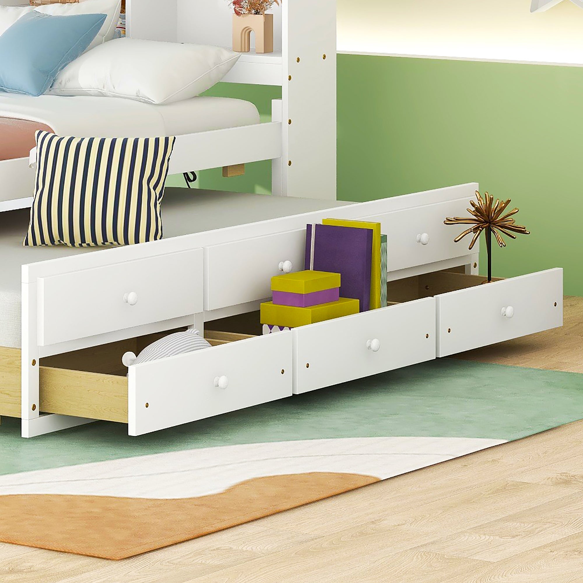 Twin Bed with USB & Type-C Ports, LED Lights, Bookcase Headboard, Trundle & 3 Drawers In White