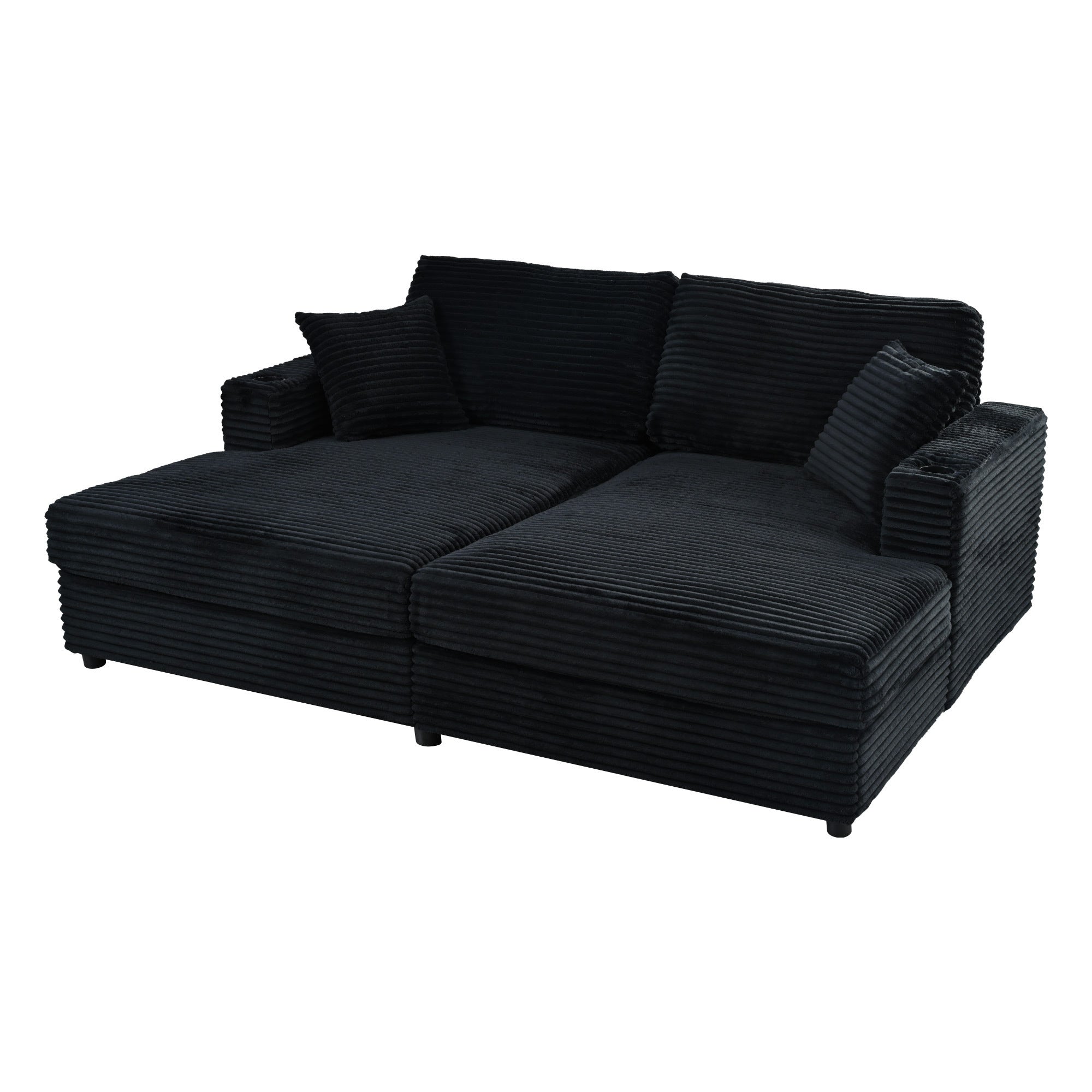 2-Seater Corduroy Chaise Lounge Sofa With Cup Holders