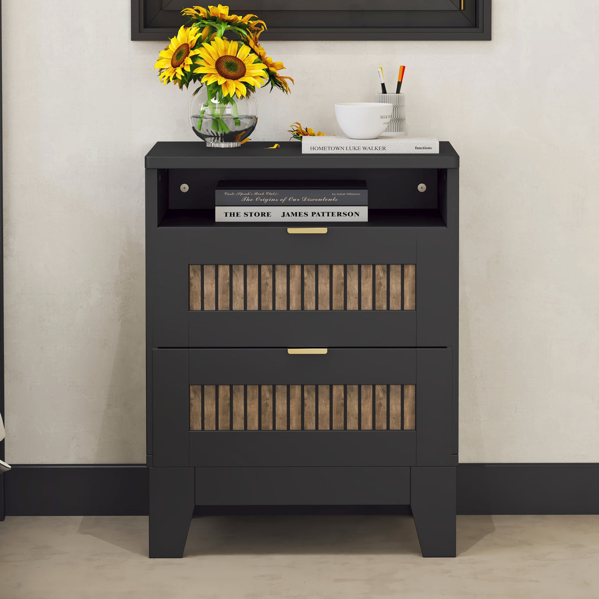 20&quot; Farmhouse Black &amp; Wooden Nightstand with Storage Cabinet