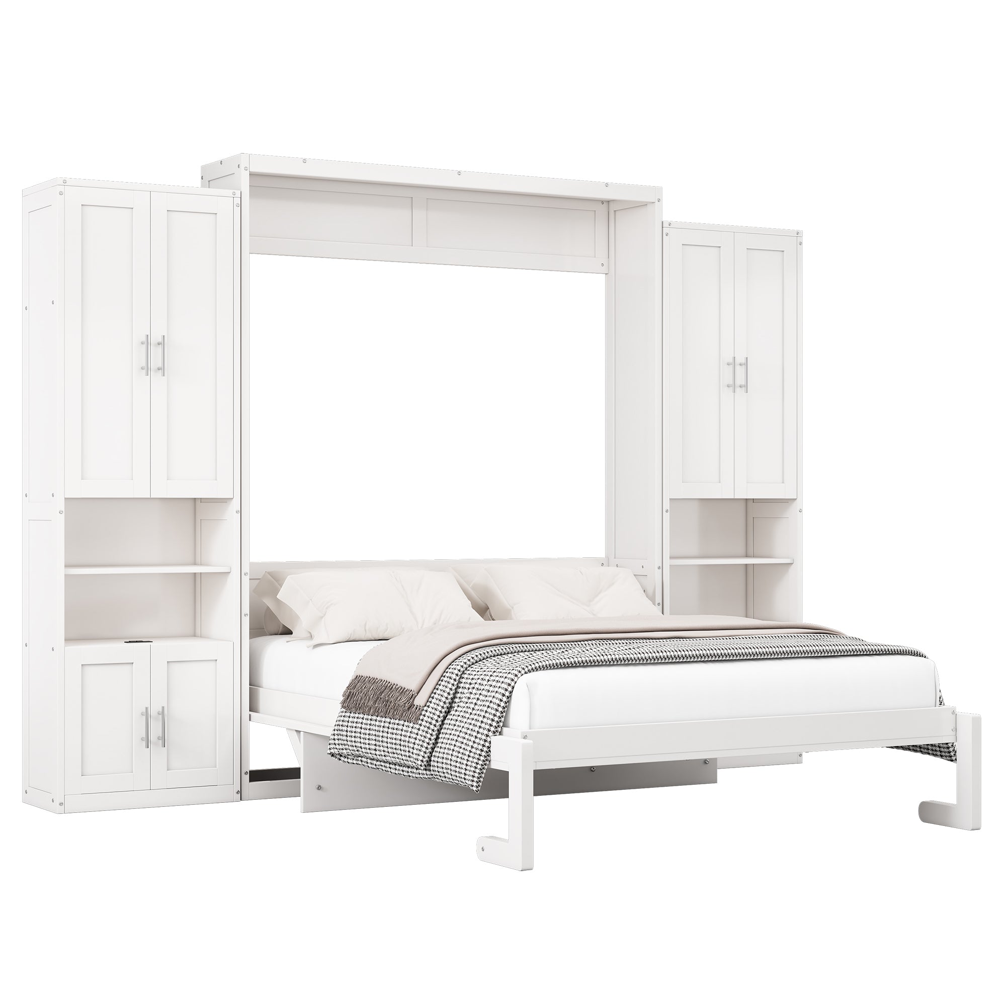 Queen Folding Murphy Bed with Two Side Cabinets in White