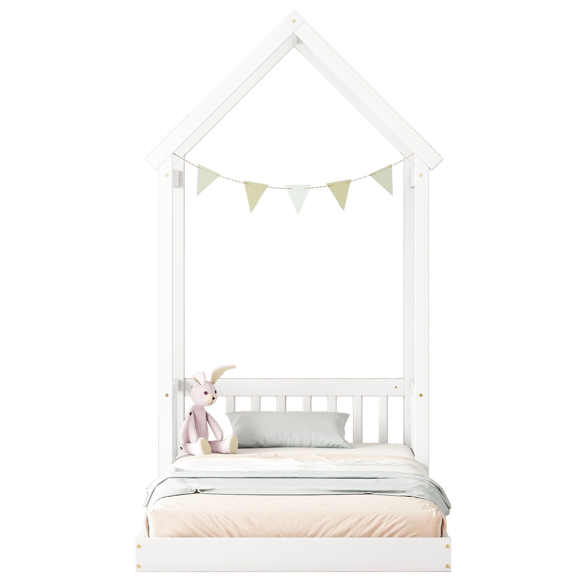 White Twin House-Shaped Roof Headboard Toddler Floor Bed