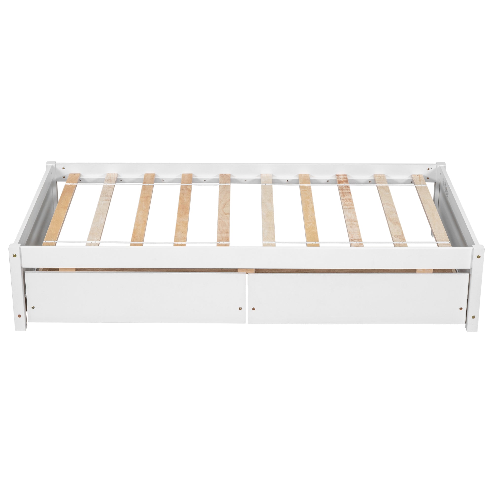 White Twin Bed with 2 Drawers, Solid Wood and No Box Spring Needed