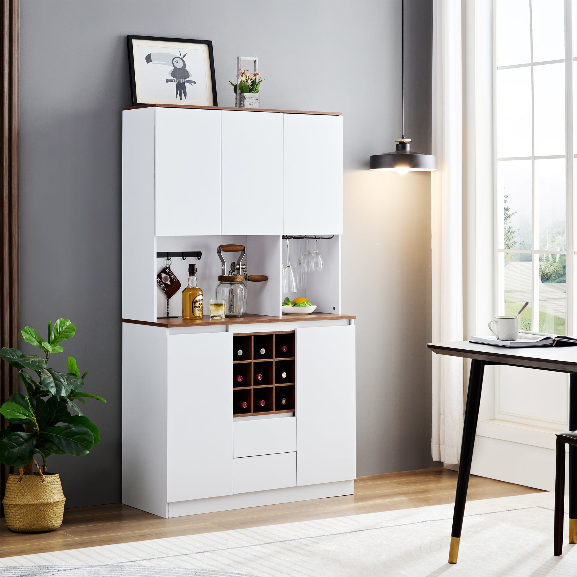 Farmhouse Coffee Bar Wine Cabinet with Ample Storage In White