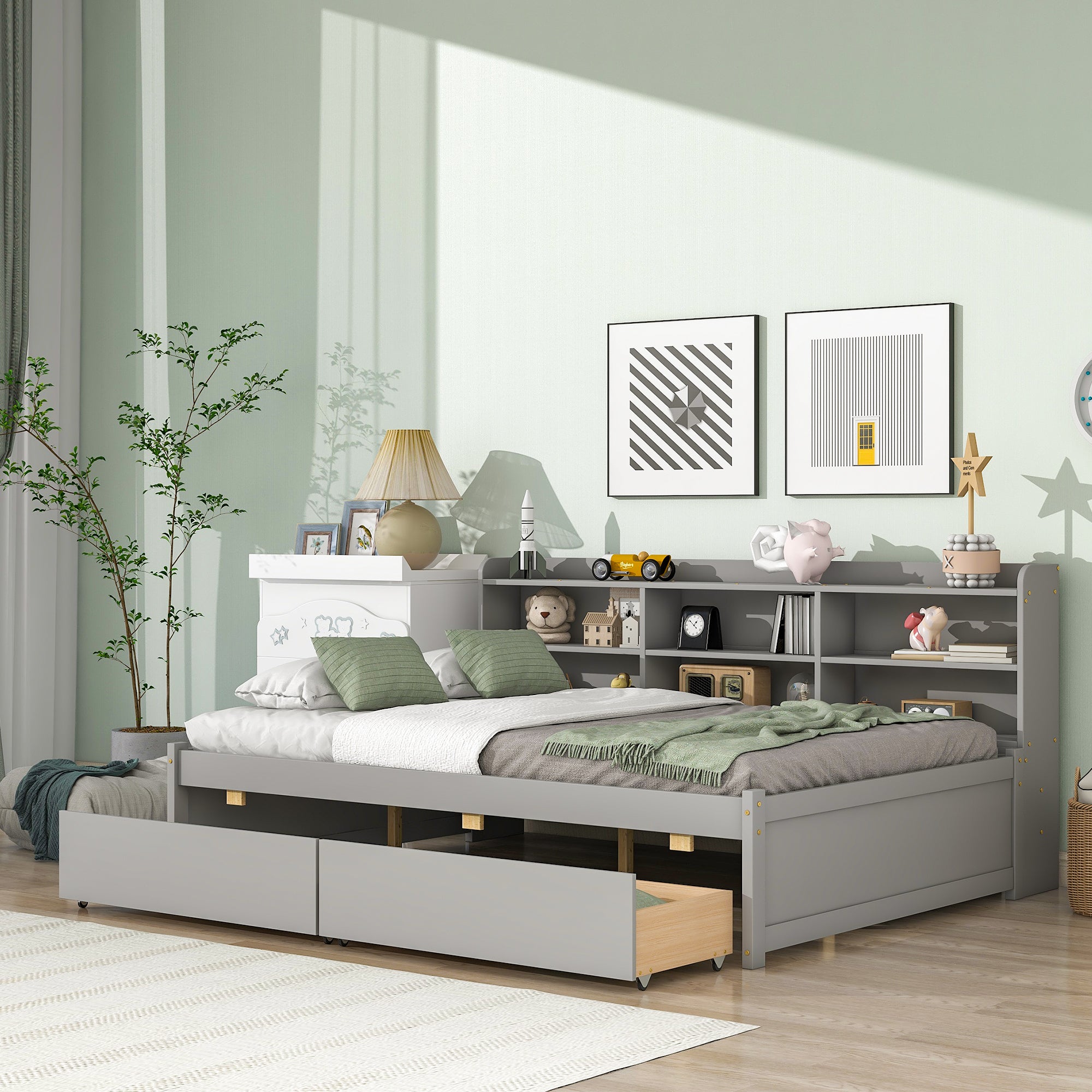 Gray Full Bed with Side Bookcase and Drawers