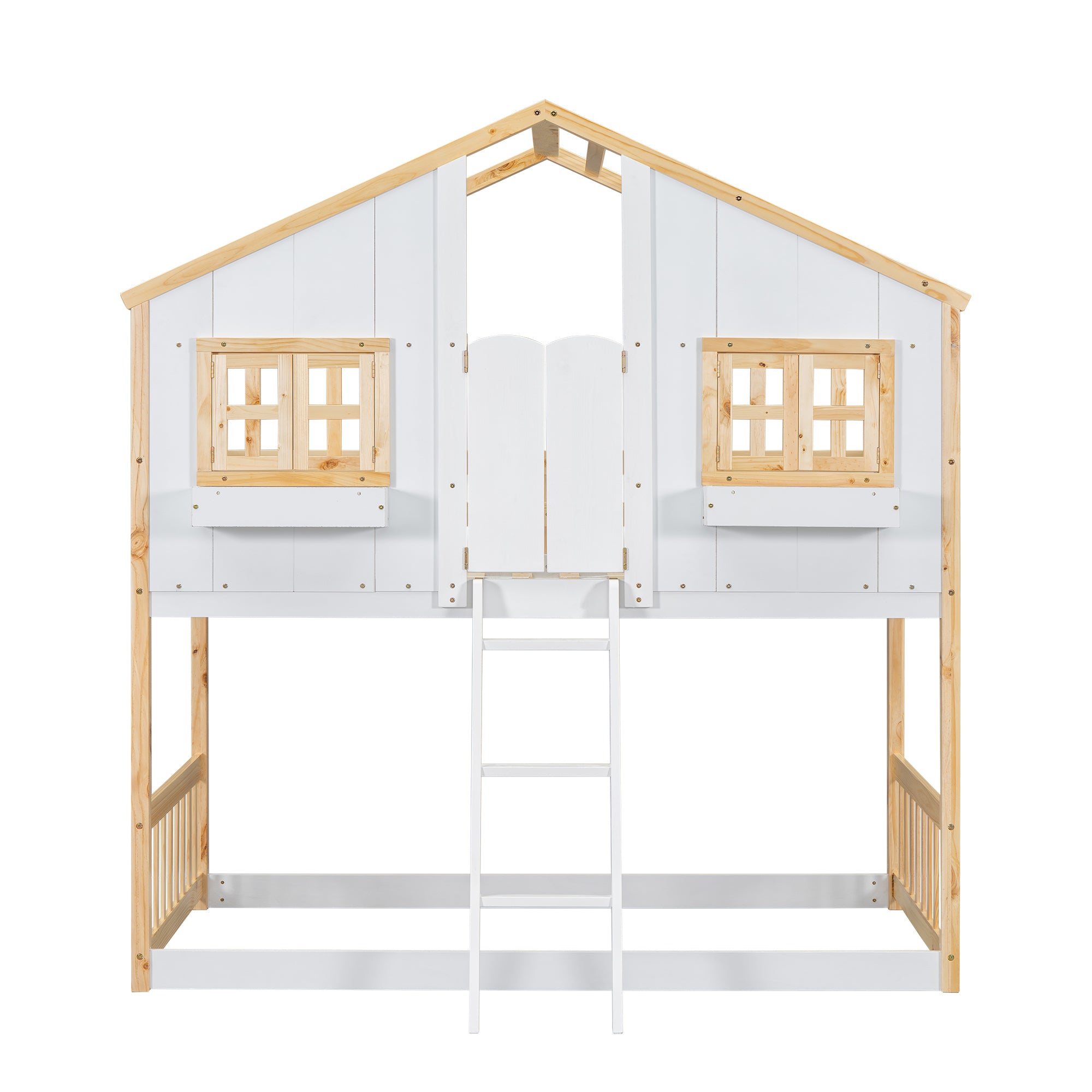 Twin Over Twin House Bunk Bed with Roof, Window, and Door in Natural and White Tones