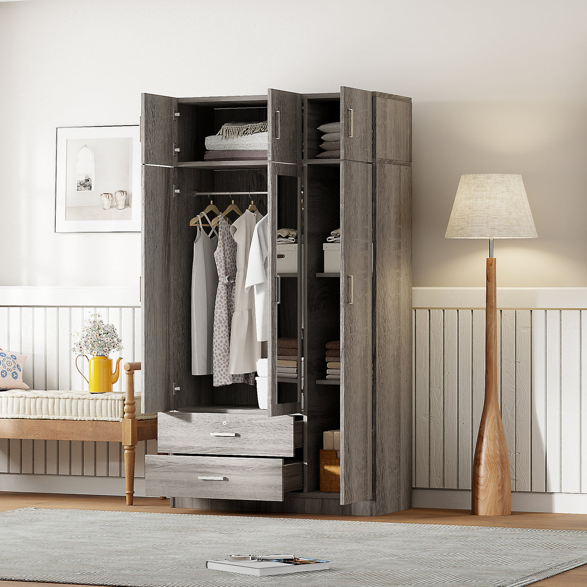 Modern 3-Door Mirror Wardrobe with 2 Drawers and Top Cabinet In Gray