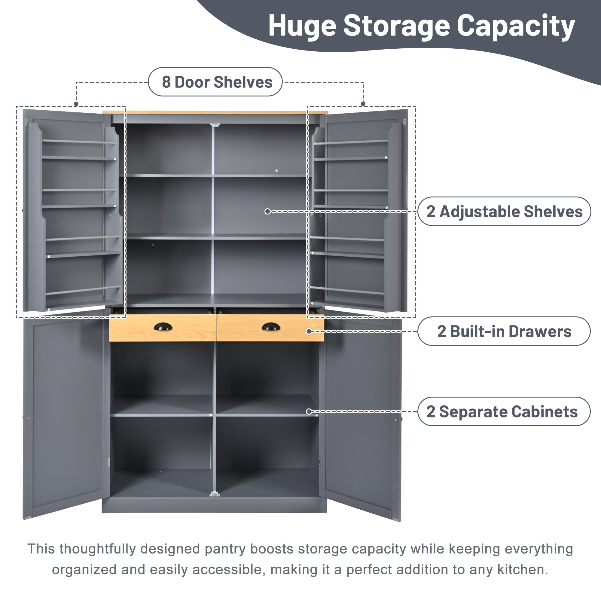 High Freestanding Kitchen Pantry with 2 Drawers and 8 Door Shelves in Gray