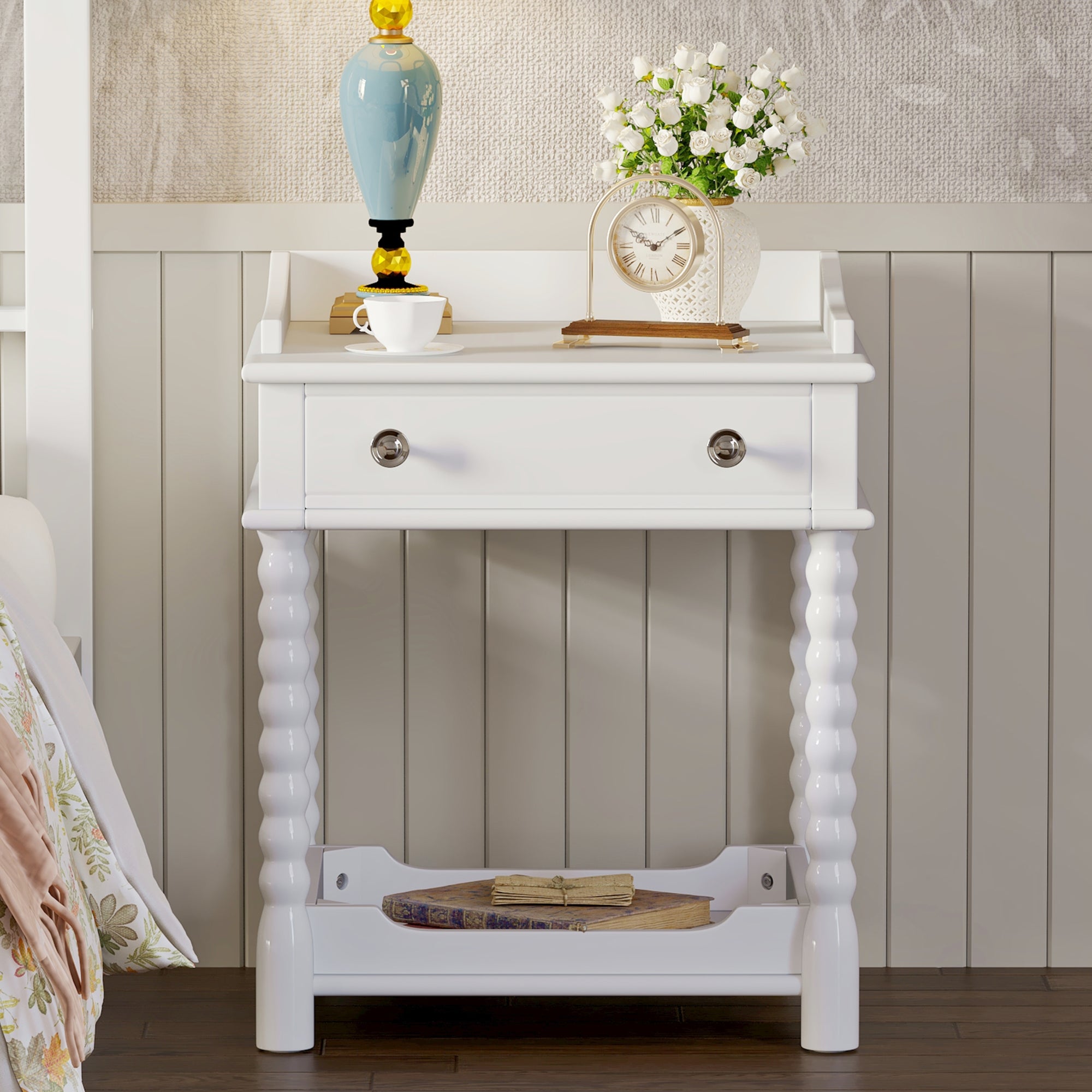 Retro Style Nightstand with Drawer and Open Shelf for Bedroom, Bedside Table with Turned Legs and Metal Handle In White