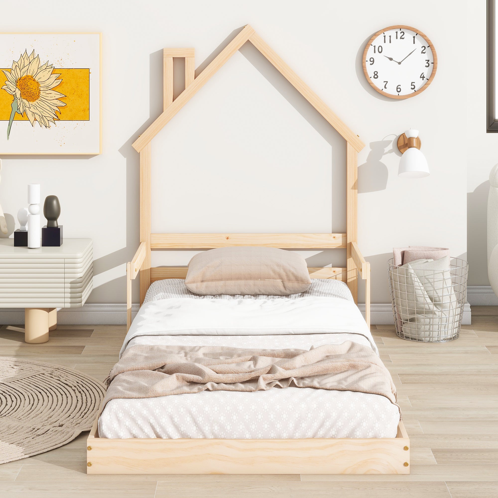 Natural Tone Twin House-Shaped Headboard Bed with Handrails