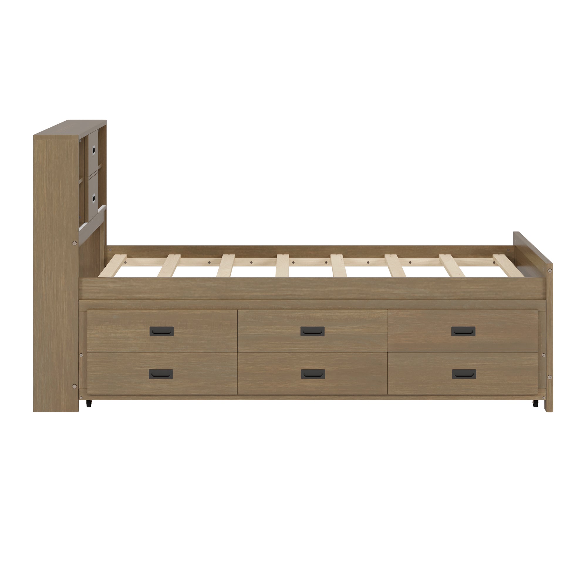 Full Size Walnut Solid Wood Bed Frame with Trundle and Storage Drawers