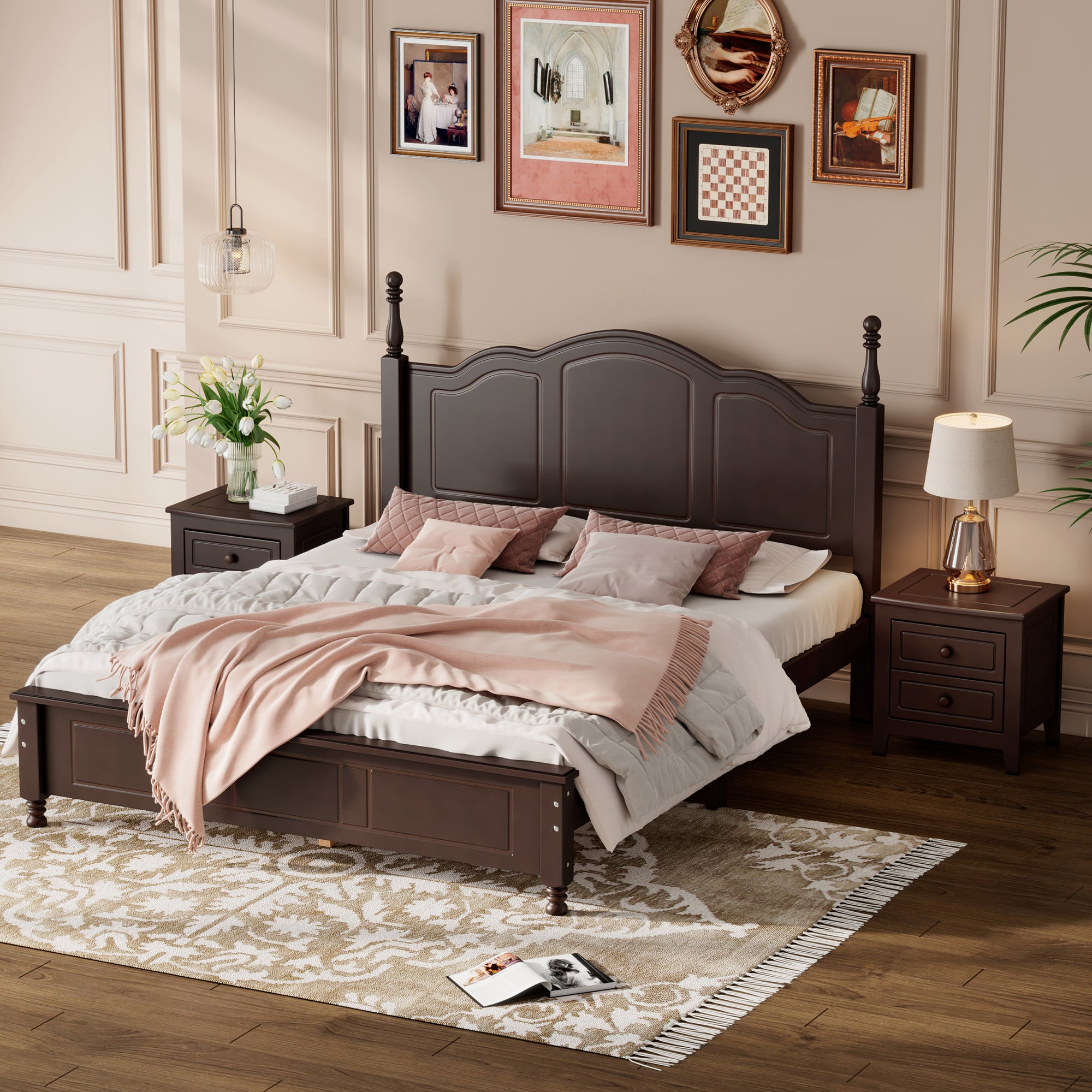 3-Pieces Bedroom Sets Queen Size Wood Platform Bed And Nightstands In Dark Walnut