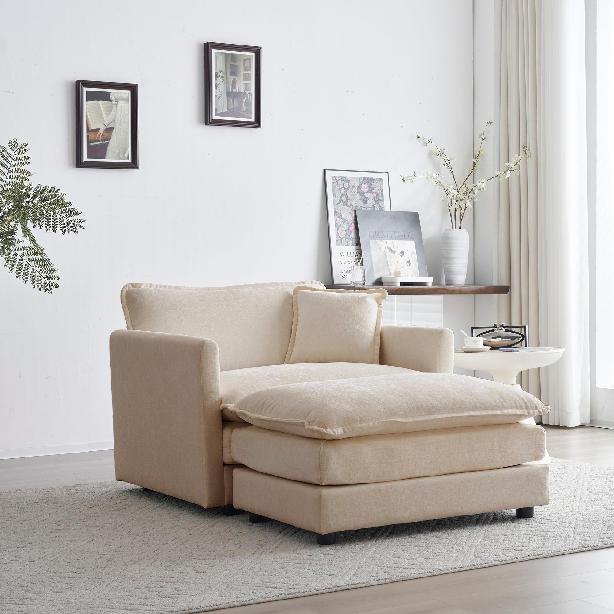 Modern Accent Chair with Ottoman - Beige Chenille Upholstered Living Room Club Chair