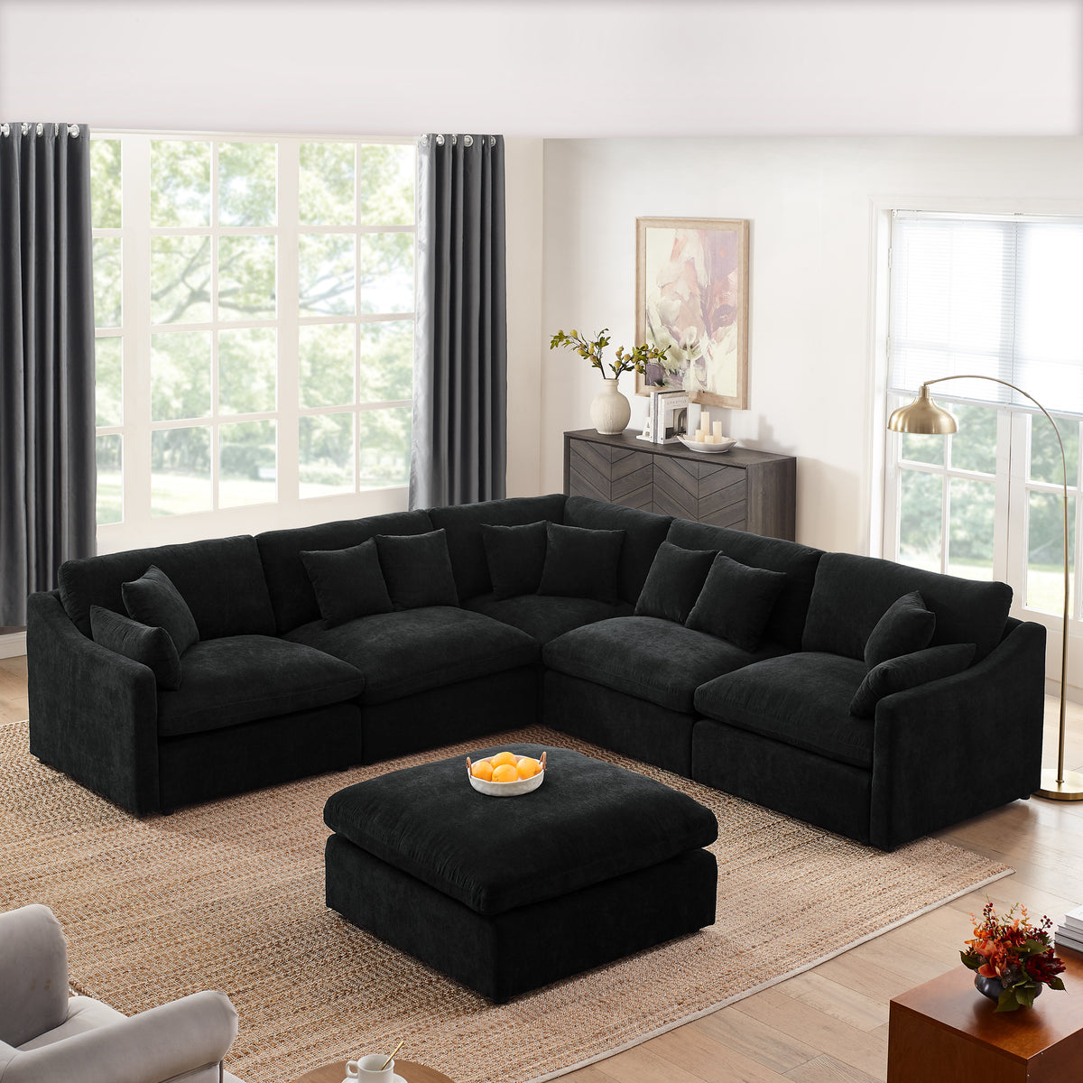 Ababa Chenille L-Shaped Sectional Sofa in Black