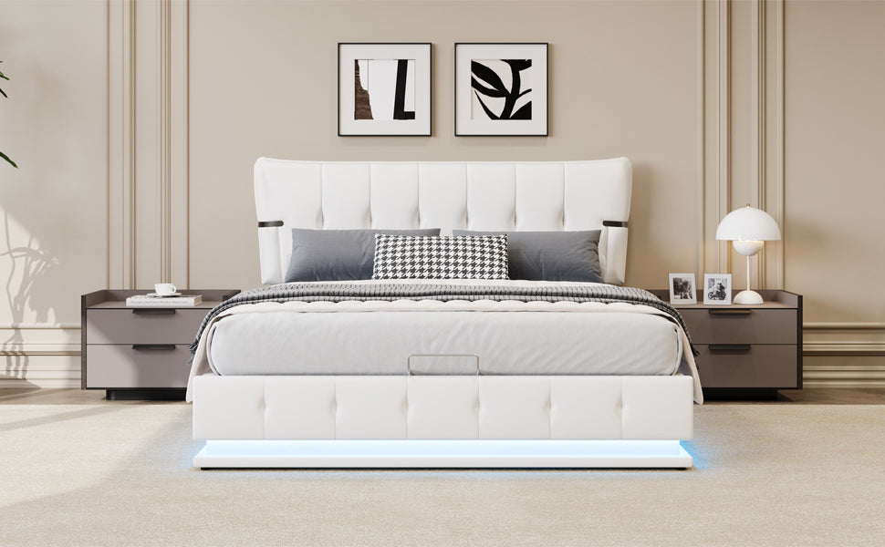 Full Size Hydraulic Storage Bed in White Faux Leather